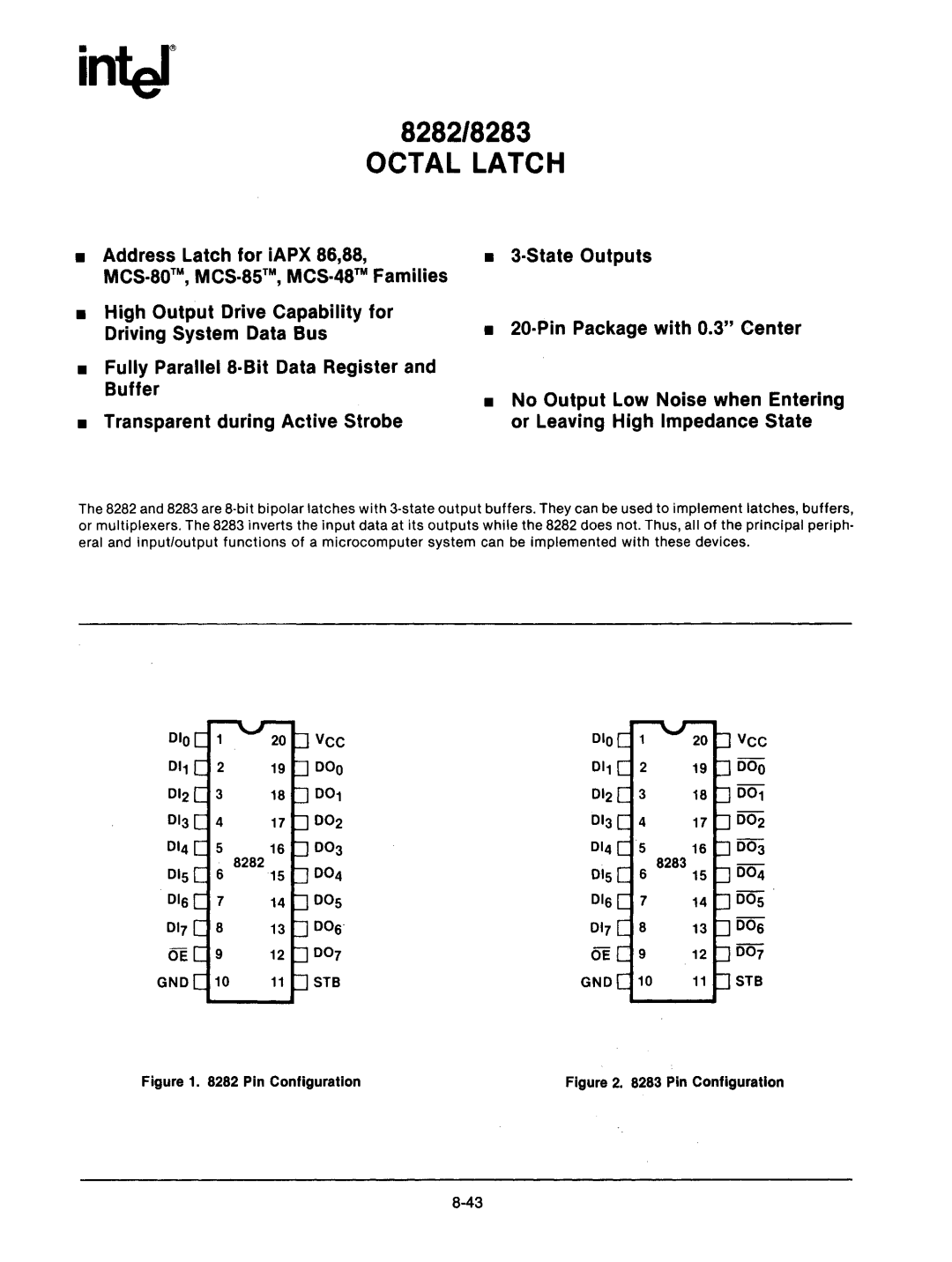 Intel mcs-48 manual 8282/8283, Octal Latch, 010, Vcc, 011 000 001 012 002 003 014 004 016 005 017 006 007 