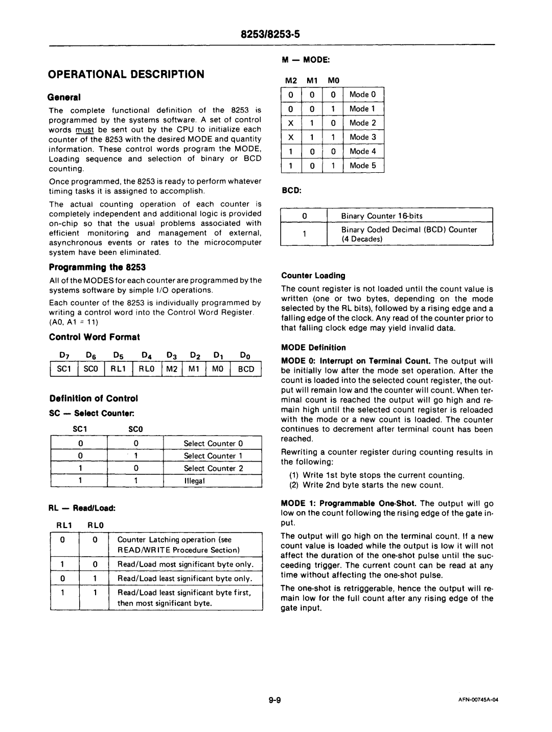 Intel mcs-48 manual Operational Description, General, Programming, Control Word Format, Definition of Control 