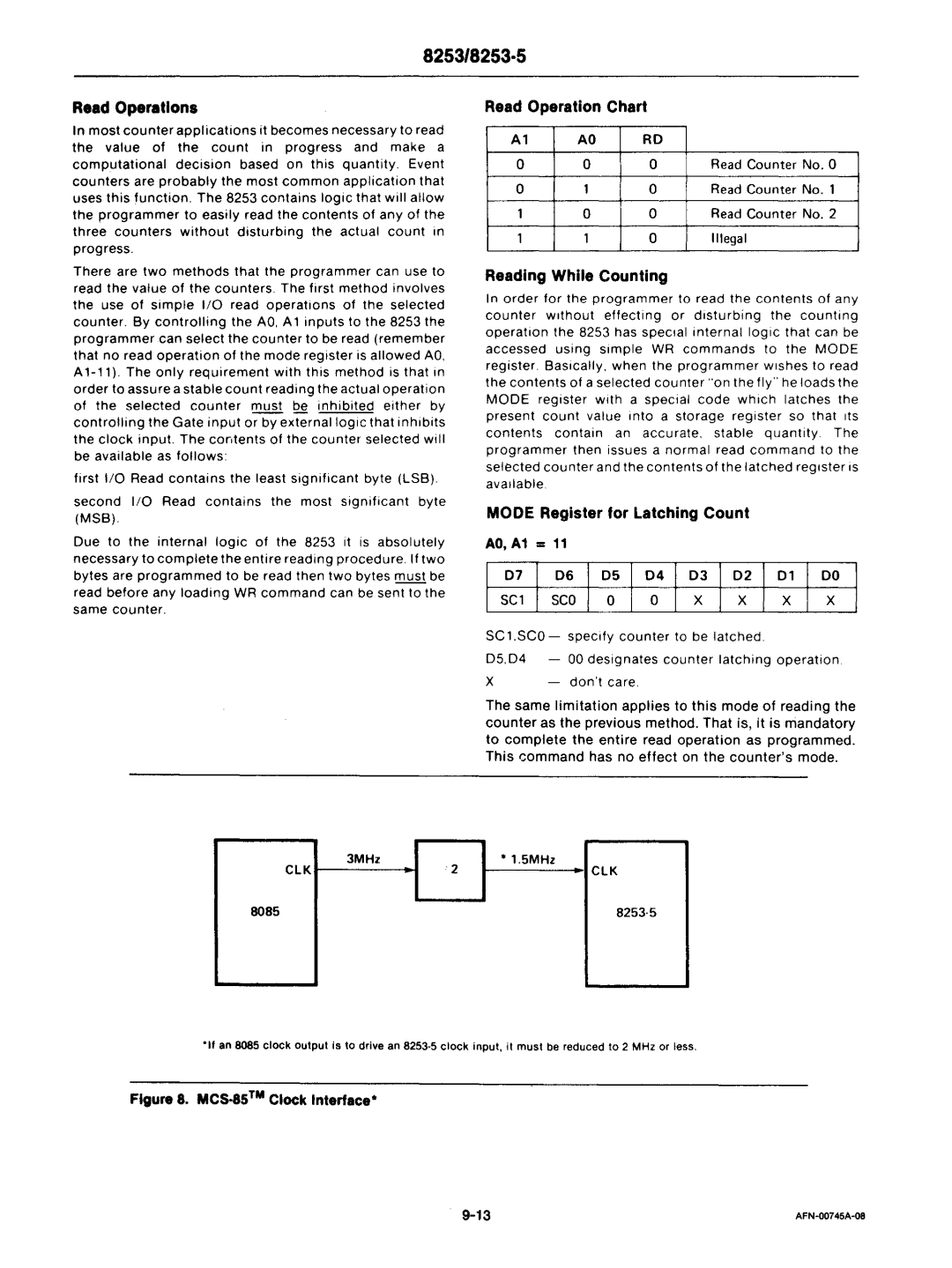 Intel mcs-48 manual Read Operations, Read Operation Chart, Reading While Counting, Mode Register for Latching Count 