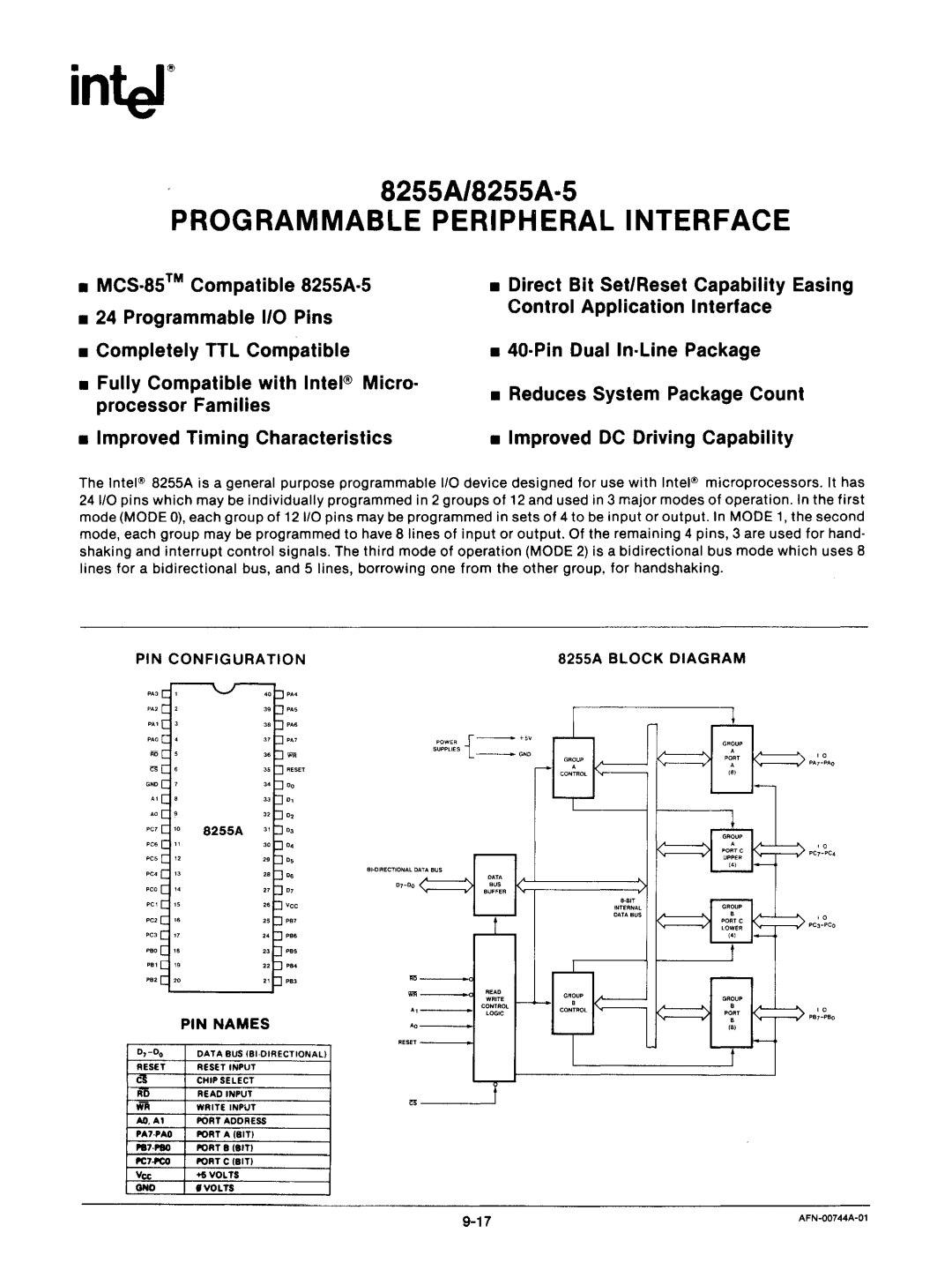 Intel mcs-48 manual Programmable Peripheral Interface, PIN Configuration 8255A Block Diagram 