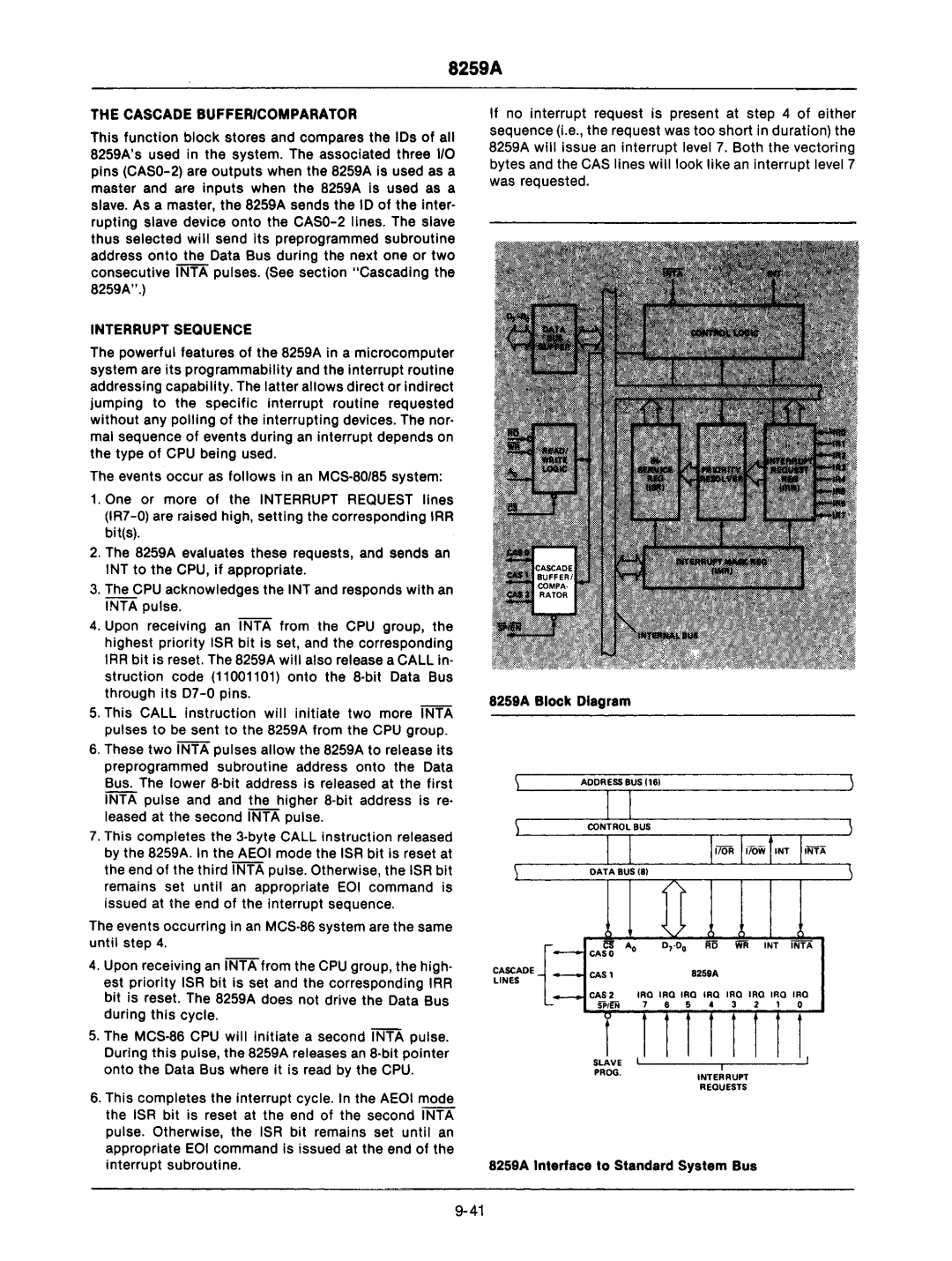 Intel mcs-48 manual 8259A Interface to Standard System Bus, Cascade BUFFER/COMPARATOR, Interrupt Sequence 