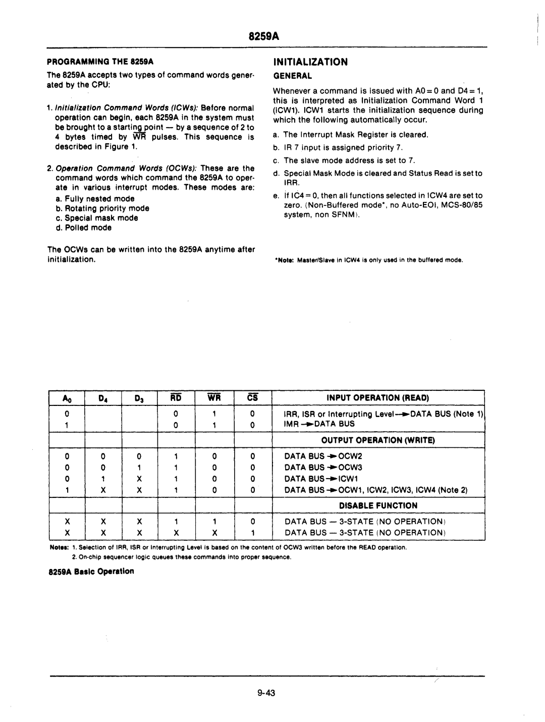 Intel mcs-48 manual Programming the 8259A, General, Input Operation Read, Disable Function, Data BUS State no Operation 