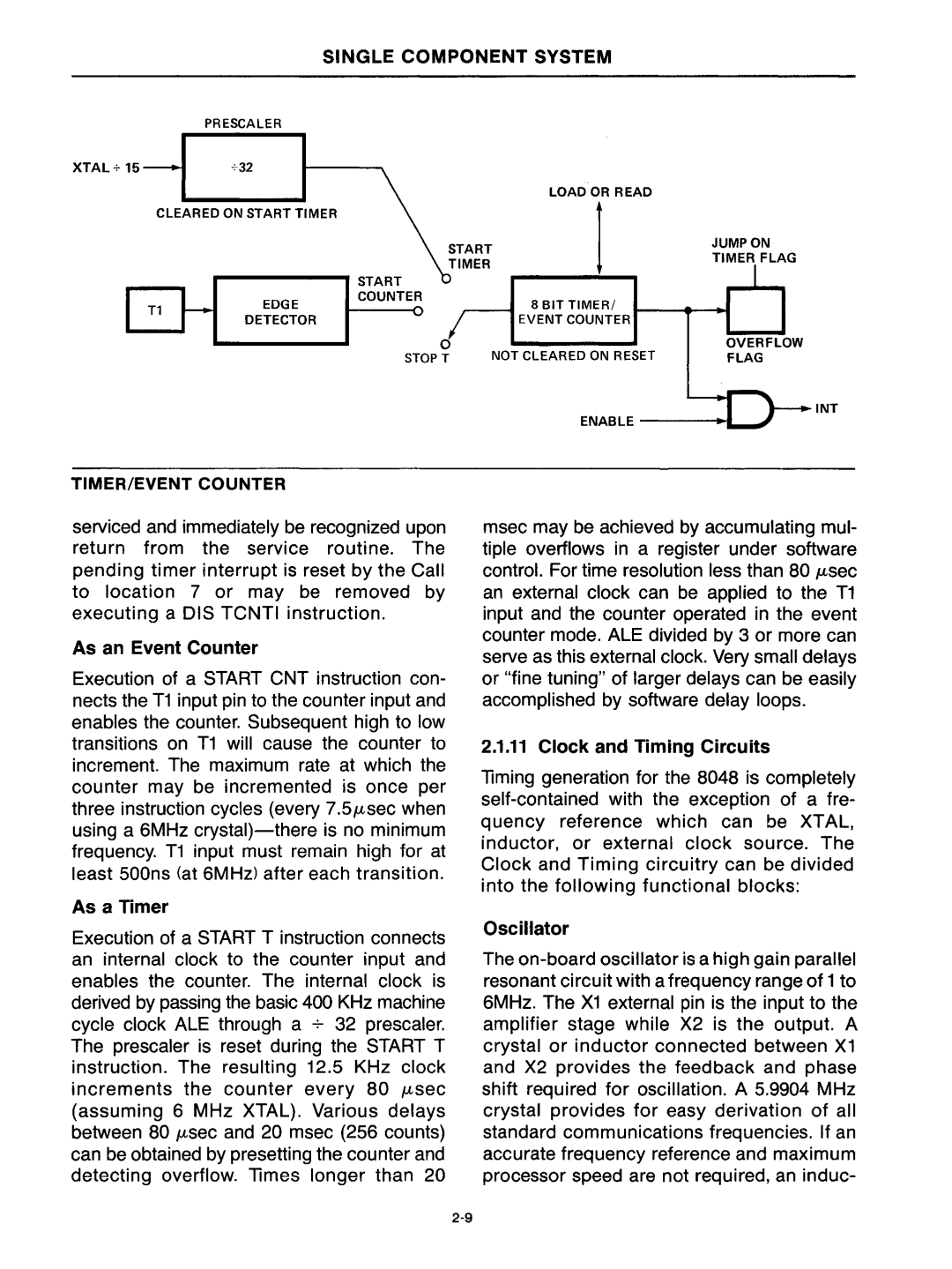 Intel mcs-48 manual As an Event Counter, As a Timer, Clock and Timing Circuits, Oscillator 