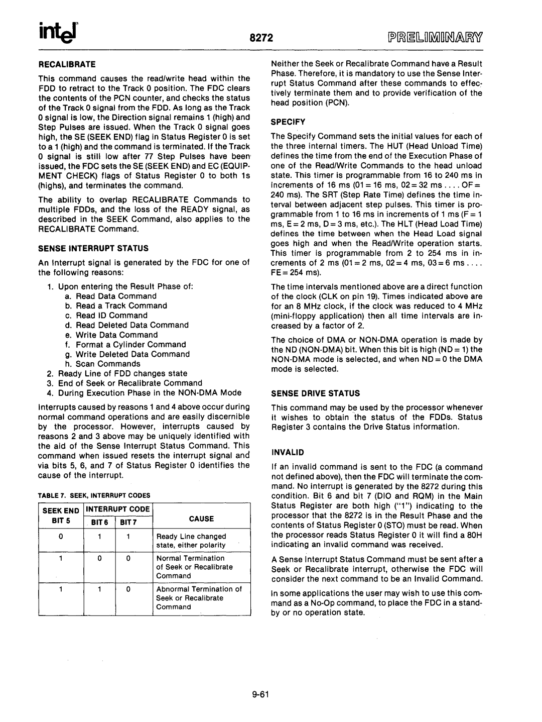 Intel mcs-48 manual Recalibrate, Sense Interrupt Status, Specify, Sense Drive Status, Invalid 