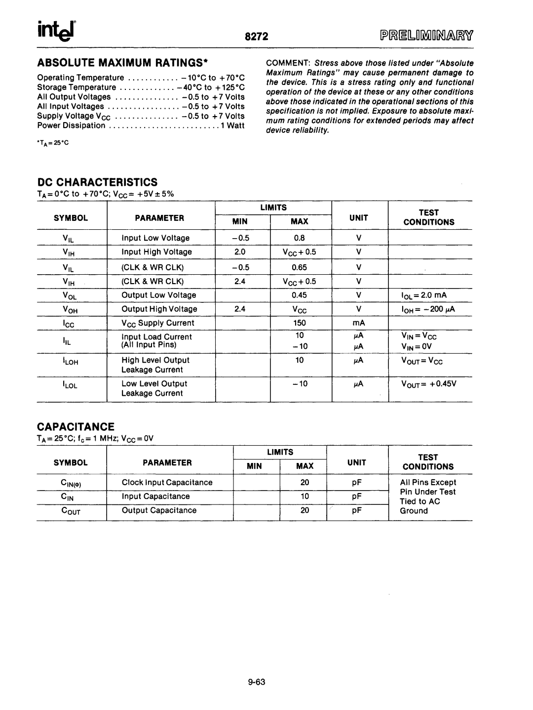 Intel mcs-48 manual DC Characteristics, Vil Clk & Wr Clk Vih, Cini», Vin=Ov 