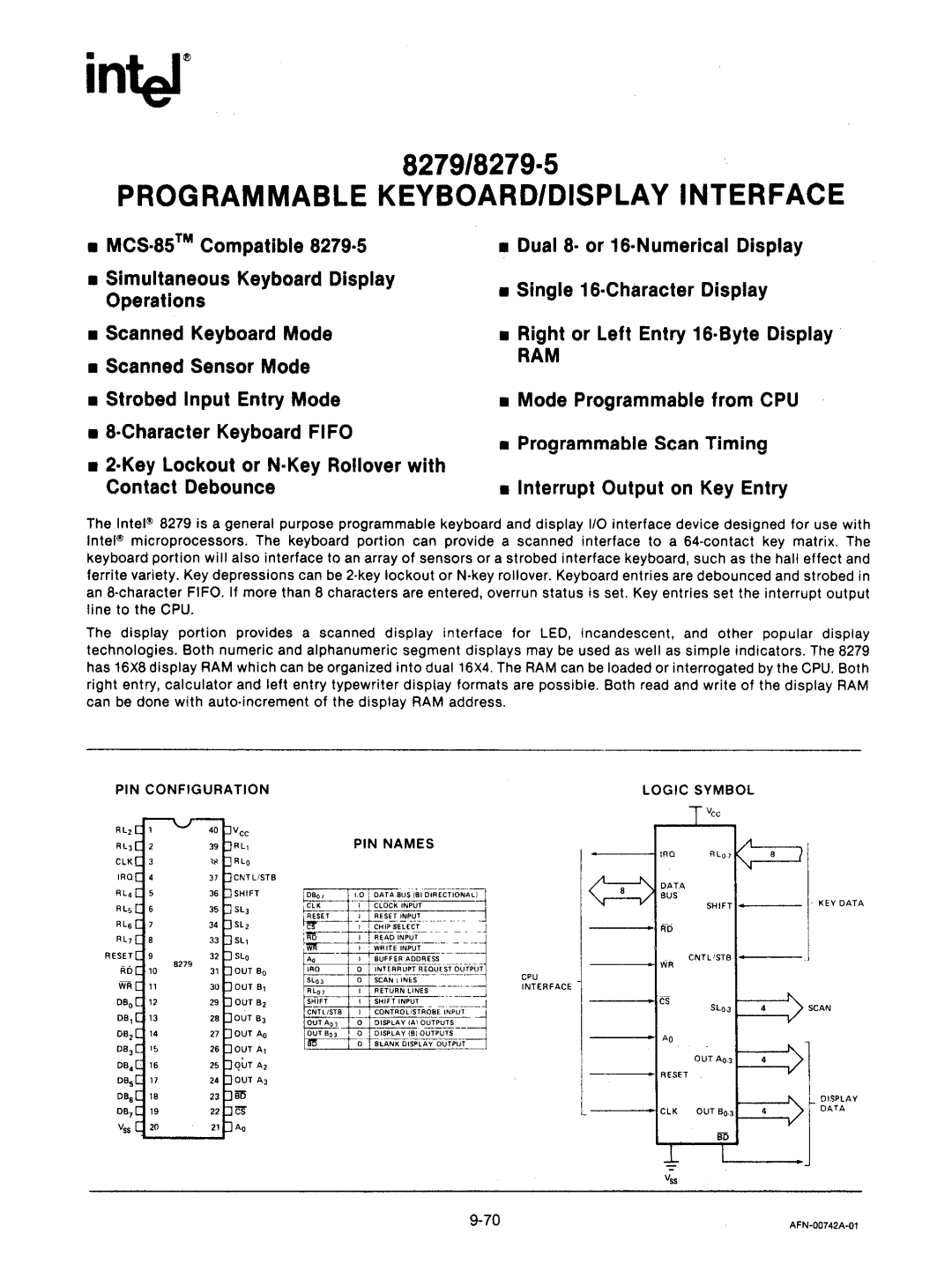 Intel mcs-48 manual Programmable KEYBOARD/DISPLAY Interface, Ram 