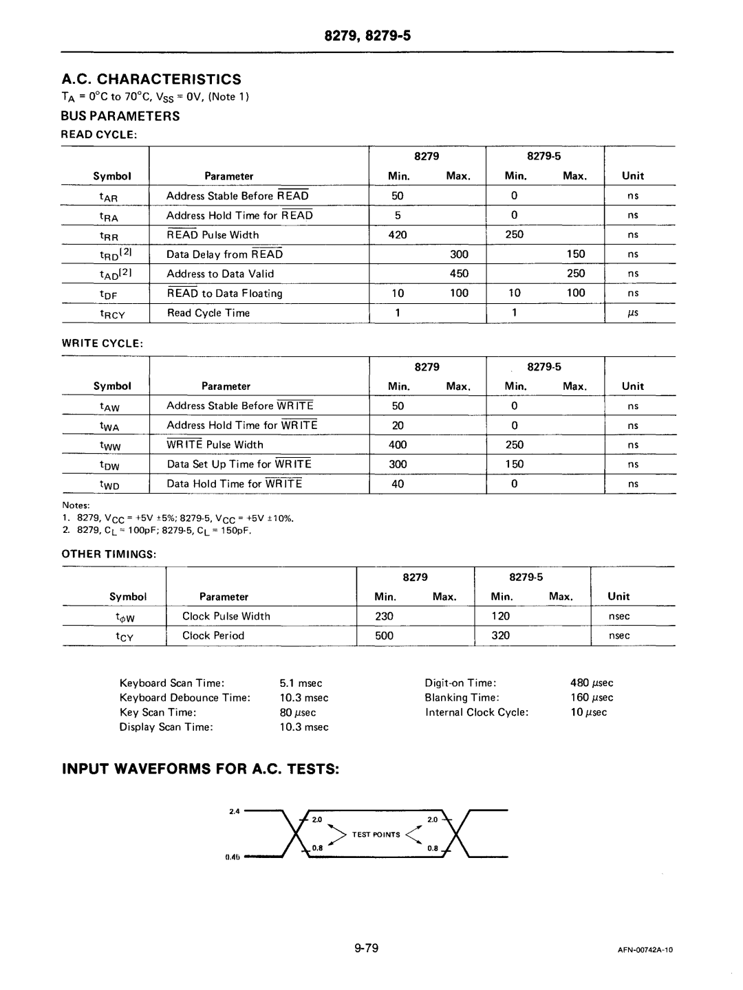 Intel mcs-48 manual Input Waveforms for A.C. Tests, BUS Parameters 