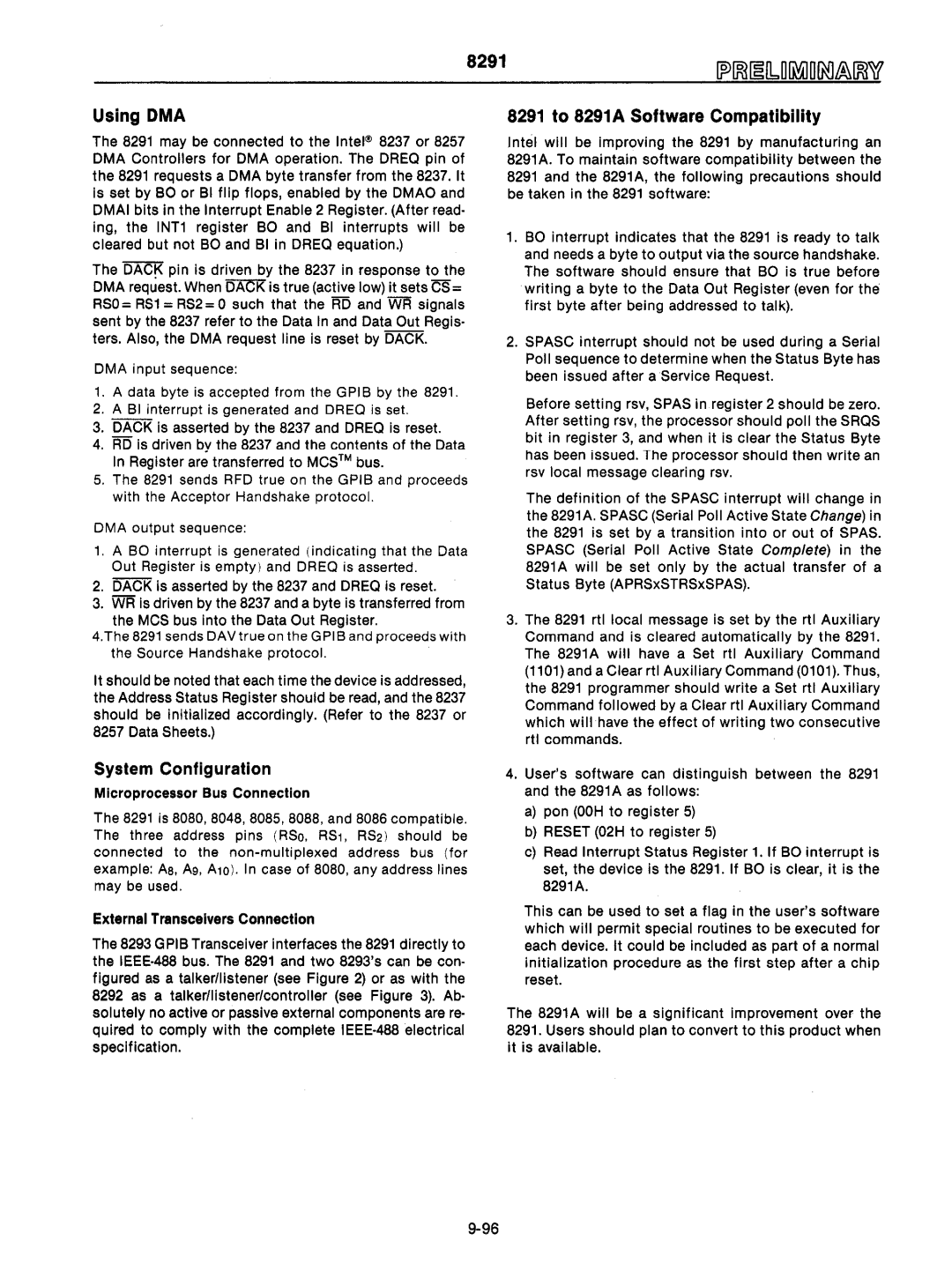 Intel mcs-48 manual Using DMA 8291 to 8291A Software Compatibility 