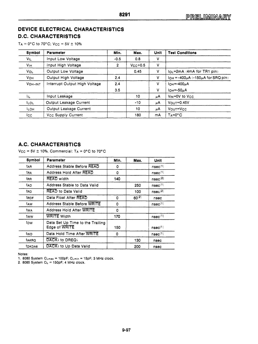 Intel mcs-48 manual Device Electrical Characteristics, Voh-Int, Ilol, Iloh, Ta=Oc 