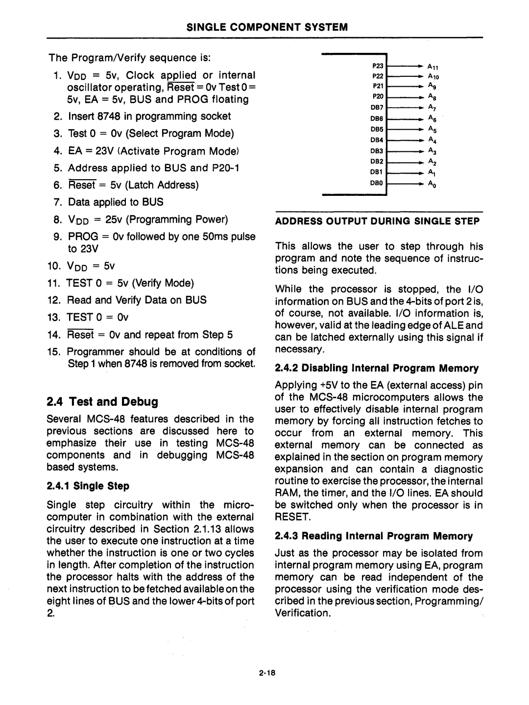 Intel mcs-48 manual Test and Debug, Single Step, Disabling Internal Program Memory, Reset, Reading Internal Prograin Memory 