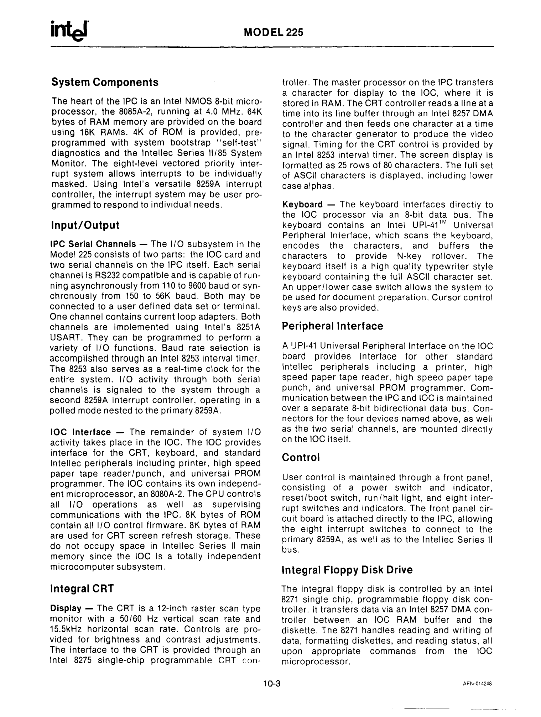 Intel mcs-48 InterMODEL225 System Components, Integral CRT, Peripheral Interface, Control, Integral Floppy Disk Drive 