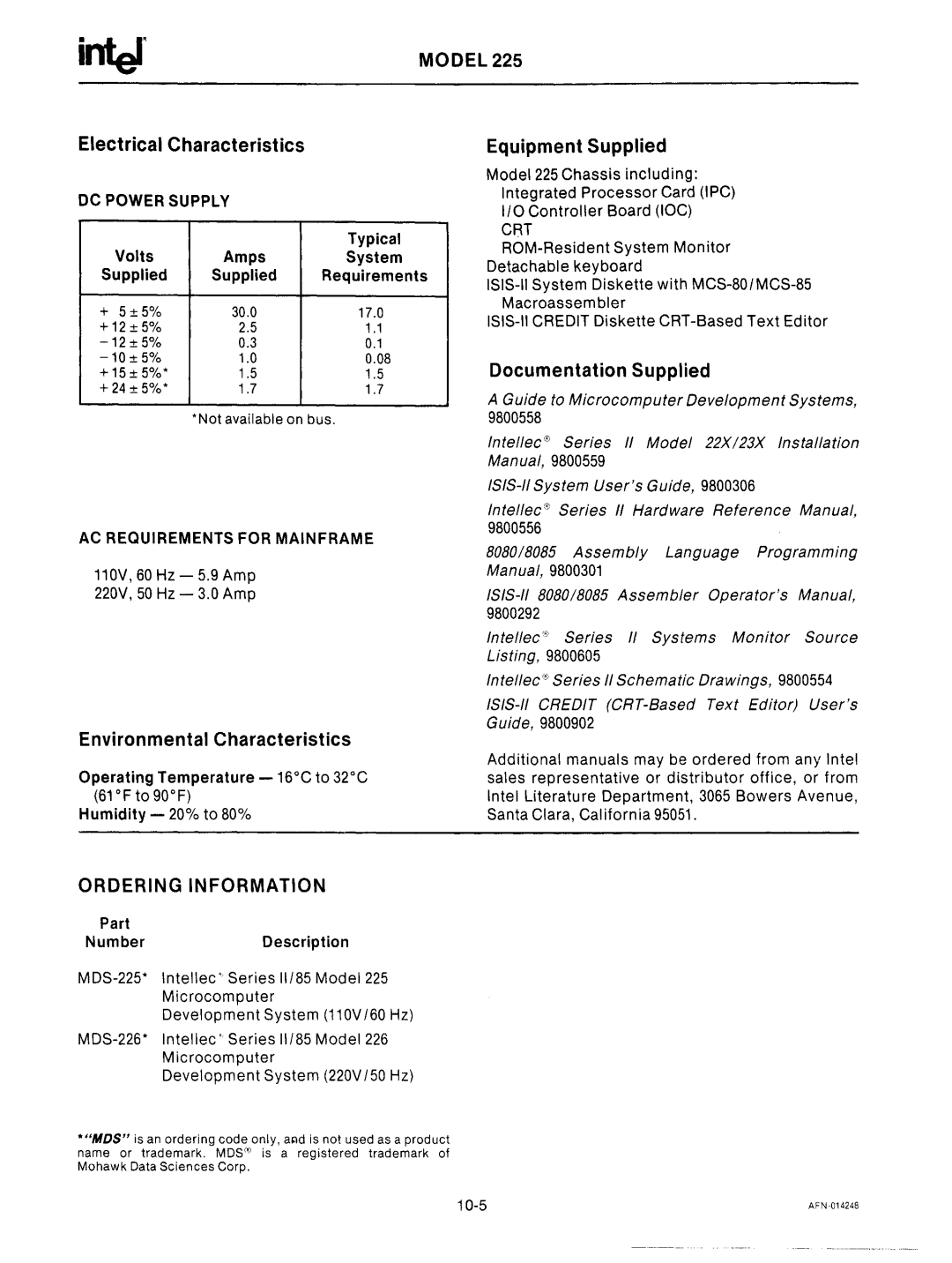 Intel mcs-48 manual Notavailable on bus, 110V, 60 Hz 5.9 Amp 220V, 50 Hz 3.0 Amp, 9800556, 9800292 