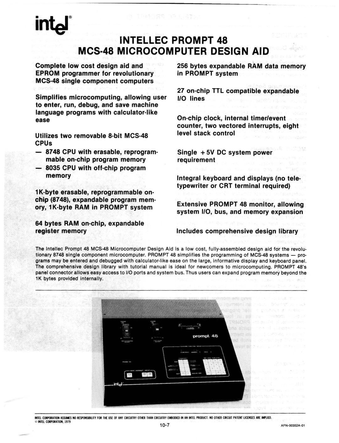 Intel mcs-48 manual Intellec Prompt MCS·48 Microcomputer Design AID 