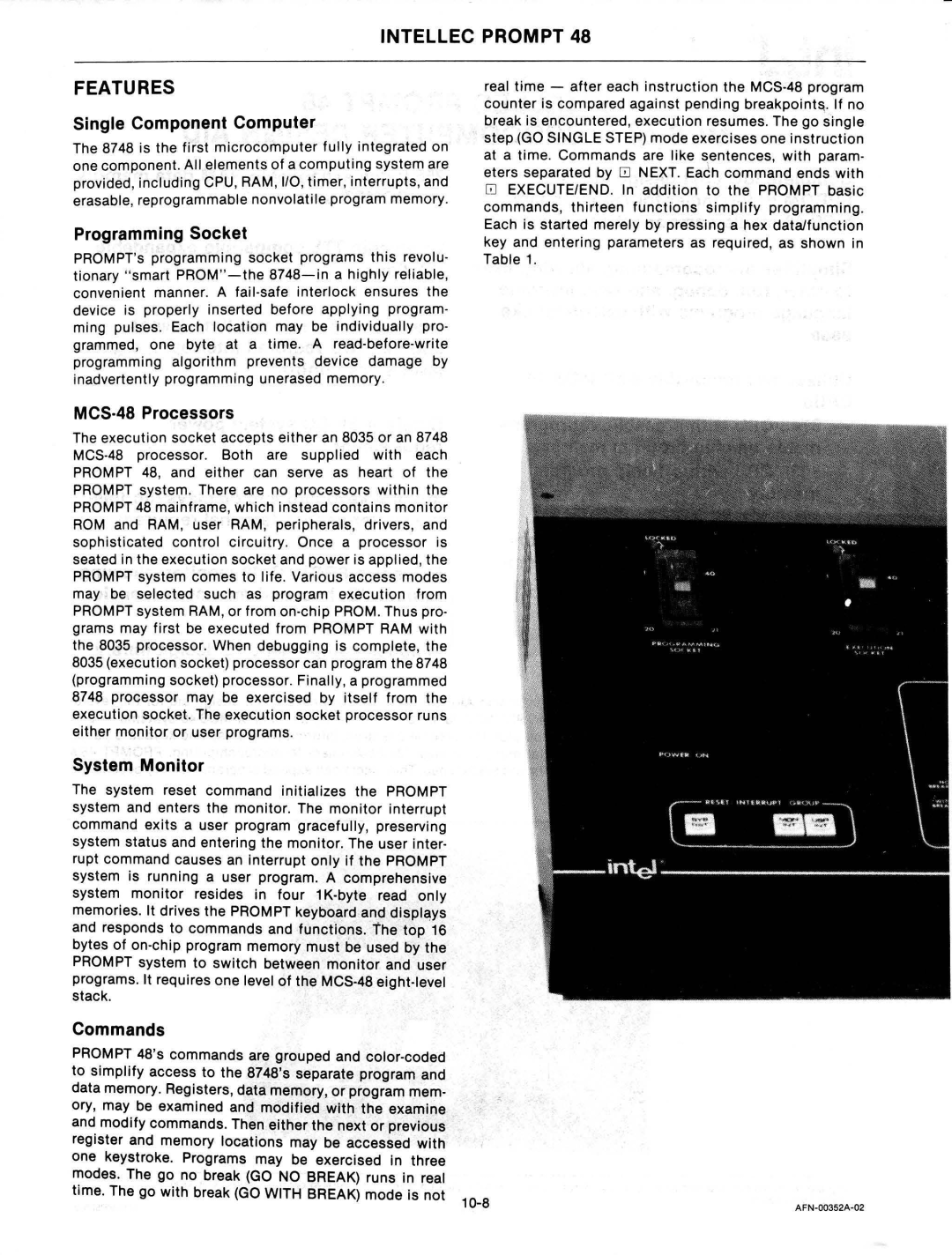 Intel mcs-48 manual Intellec Prompt Features, Single Component Compu.ter 