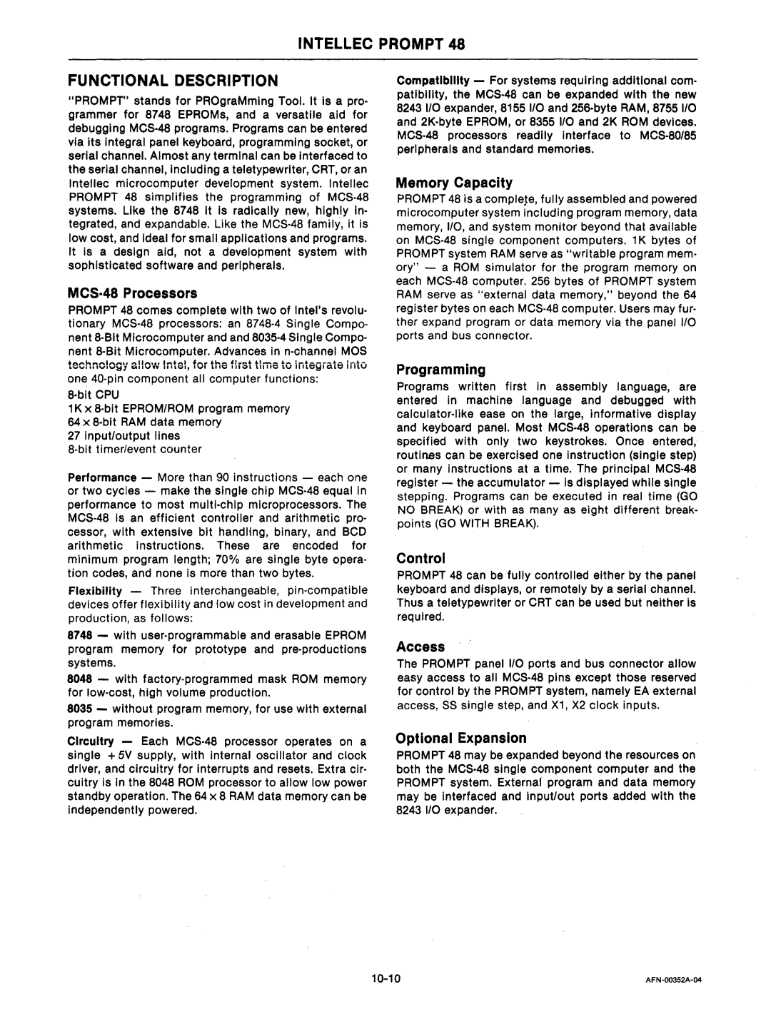 Intel mcs-48 manual Intellec Prompt Functional Description, MCS-48 Processors 