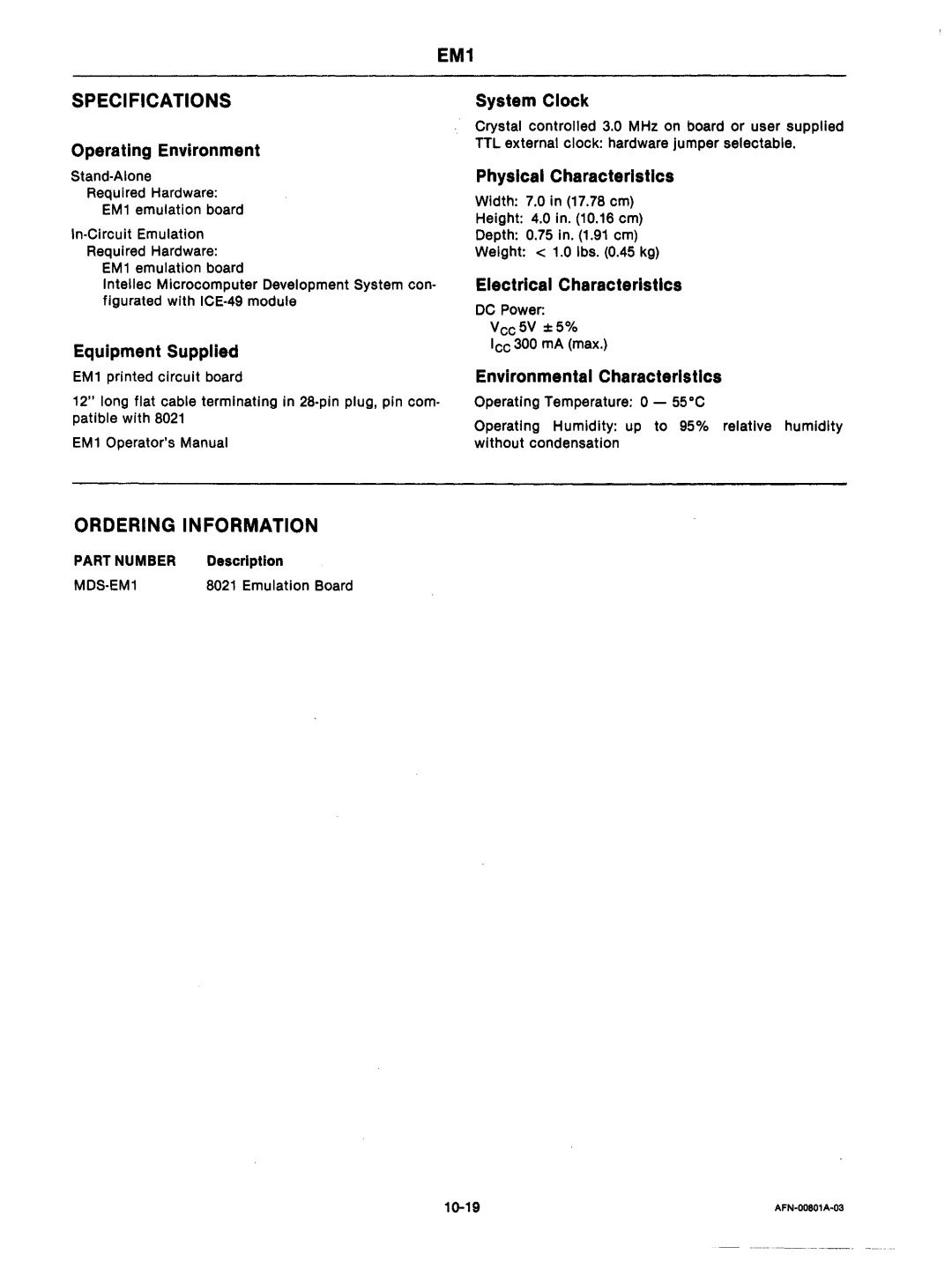 Intel mcs-48 manual EM1 Specifications, Ordering Information, DC Power Vcc5V ±5% Icc 300 mA max, MDS·EM1 