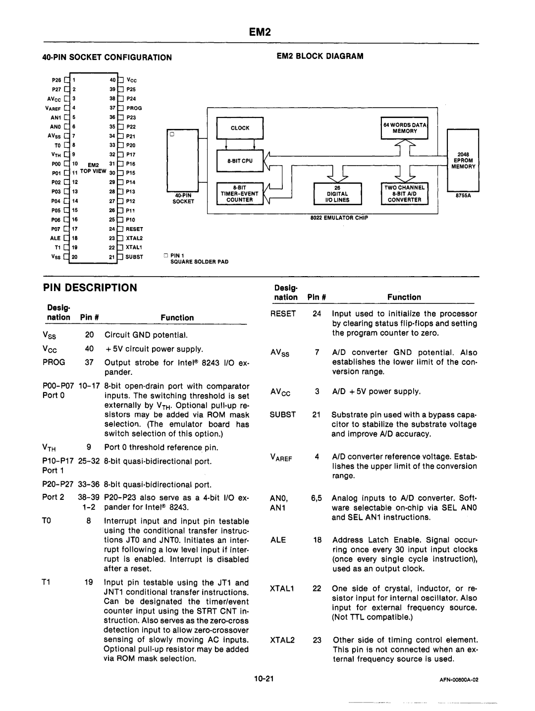 Intel mcs-48 manual 40·PIN Socket Configuration EM2 Block Diagram, Ano, AN1 