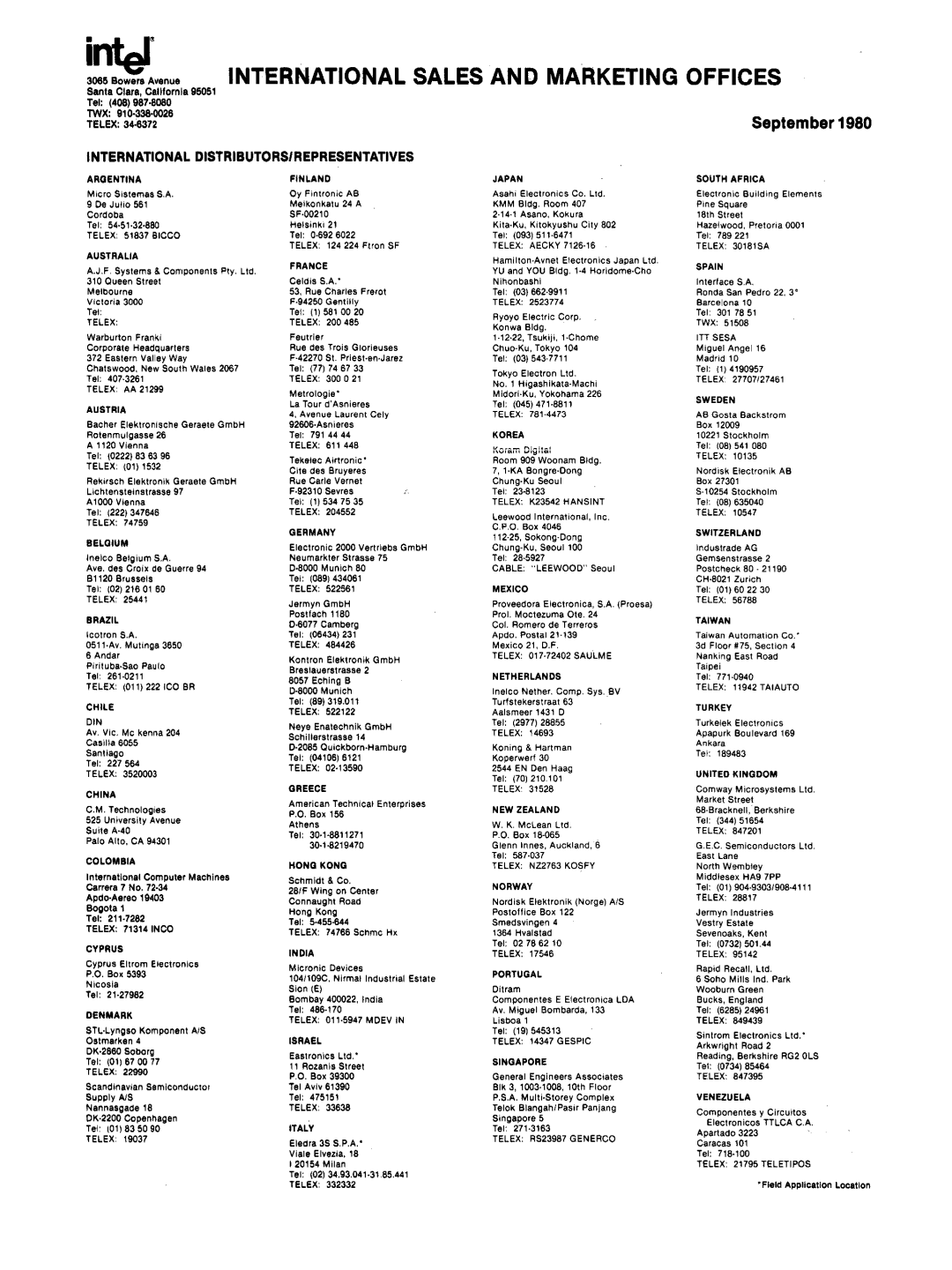 Intel mcs-48 manual Bowers Avenue International Sales and Marketing Offices, International DISTRIBUTORS/REPRESENTATIVES 