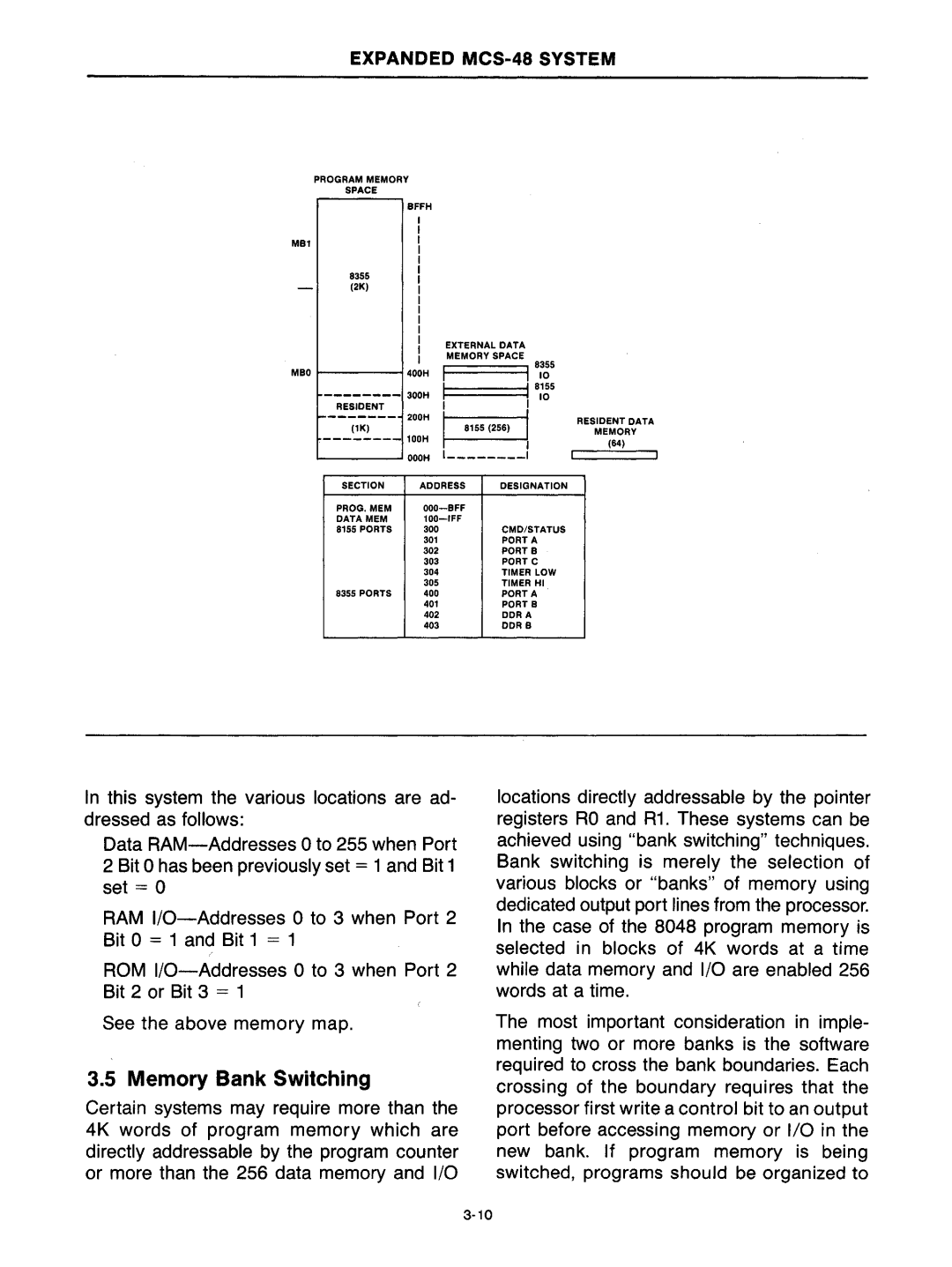 Intel mcs-48 manual =====ll 8~~5, Memory Bank Switching 