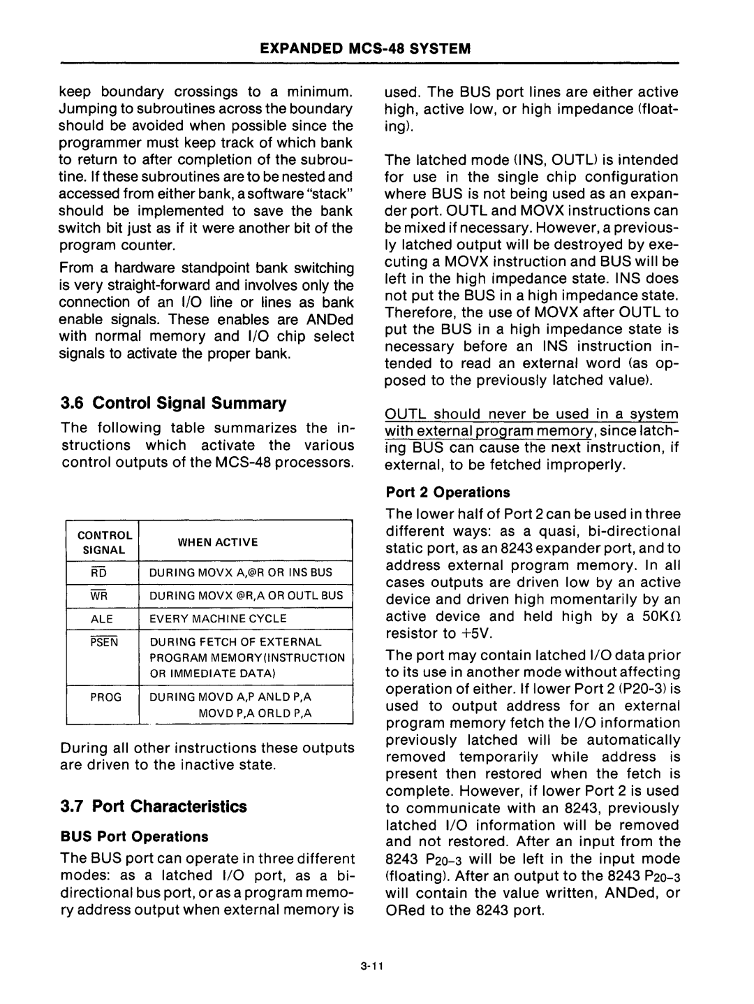 Intel mcs-48 manual Control Signal Summary, Port Characteristics, BUS Port Operations, Port 2 Operations 