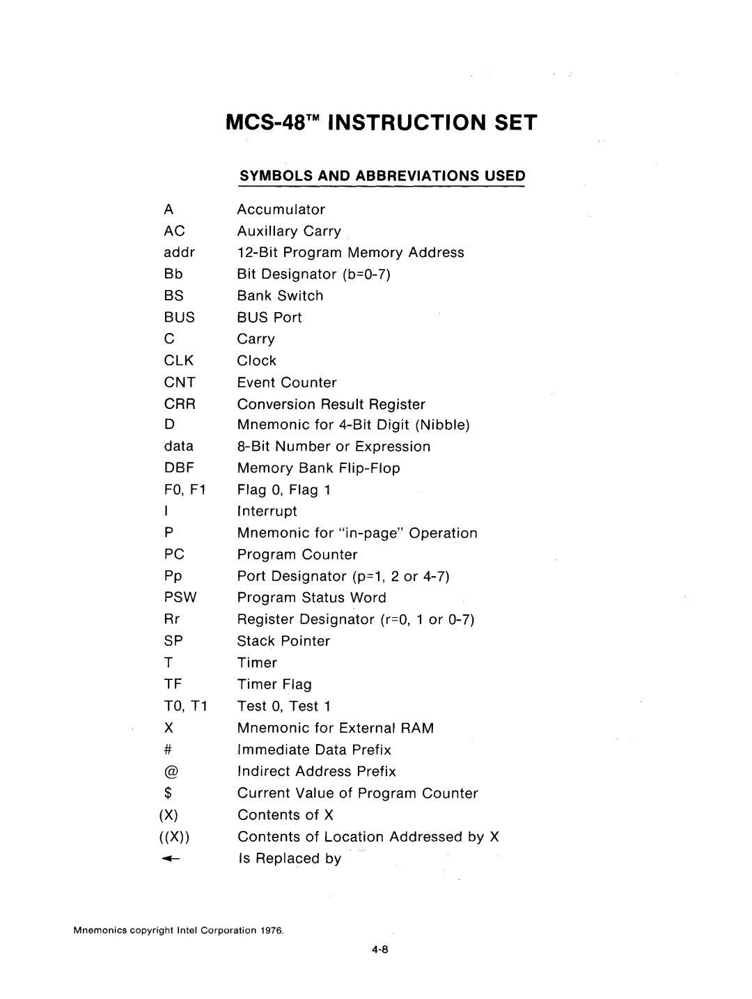 Intel mcs-48 manual Symbols and Abbreviations Used, Dbf, Psw 