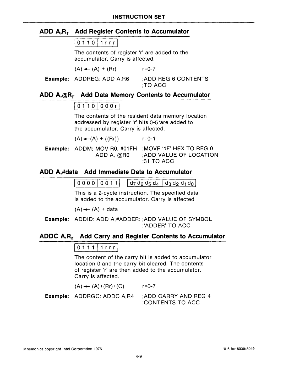 Intel mcs-48 manual ADD A,R r Add Register Contents to Accumulator, ADD A,@R r Add Data Memory Contents to Accumulator 