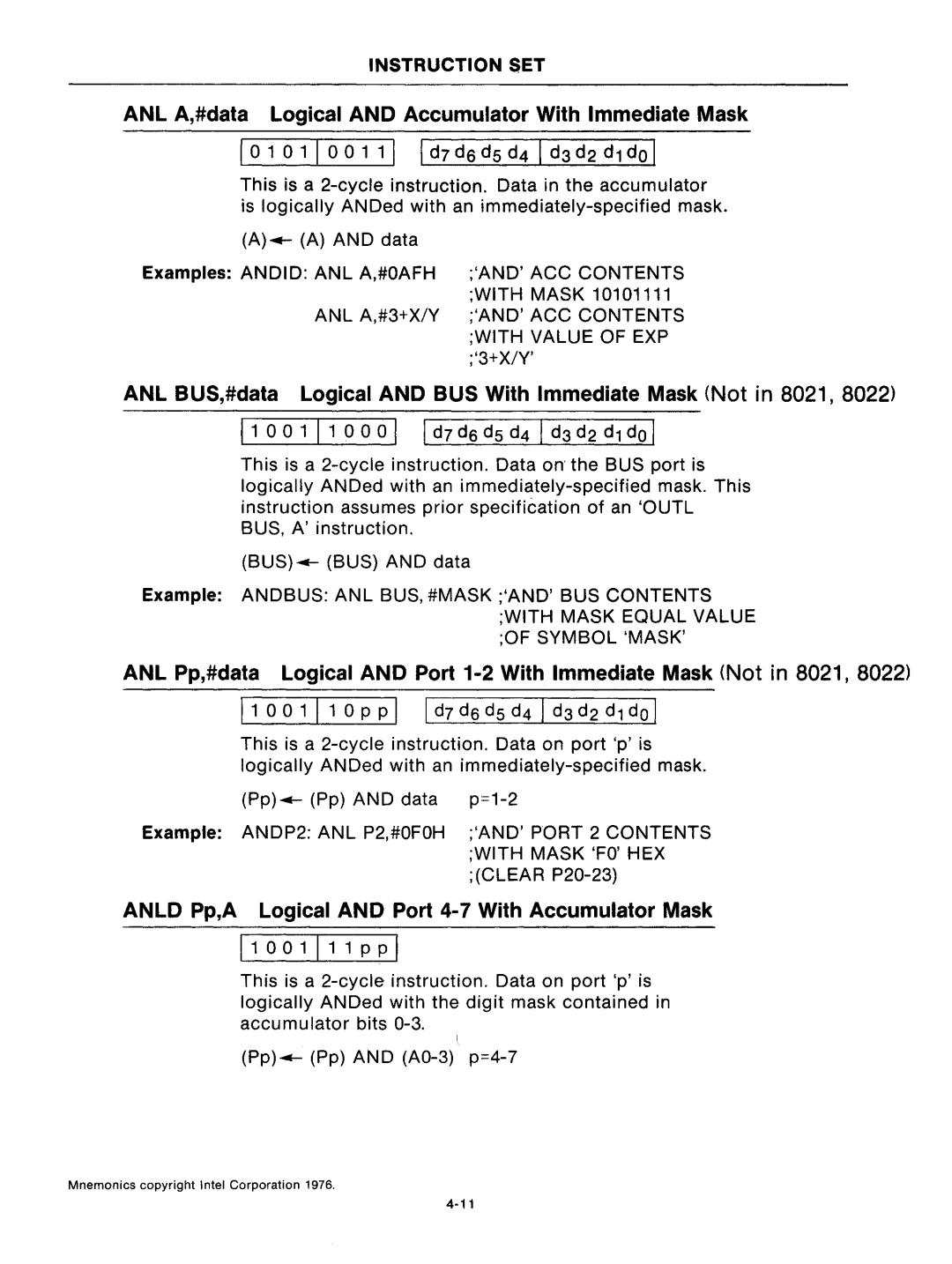 Intel mcs-48 ANL A,#data Logical and Accumulator With Immediate Mask, Anld Pp,A Logical and Port 4-7 With Accumulator Mask 