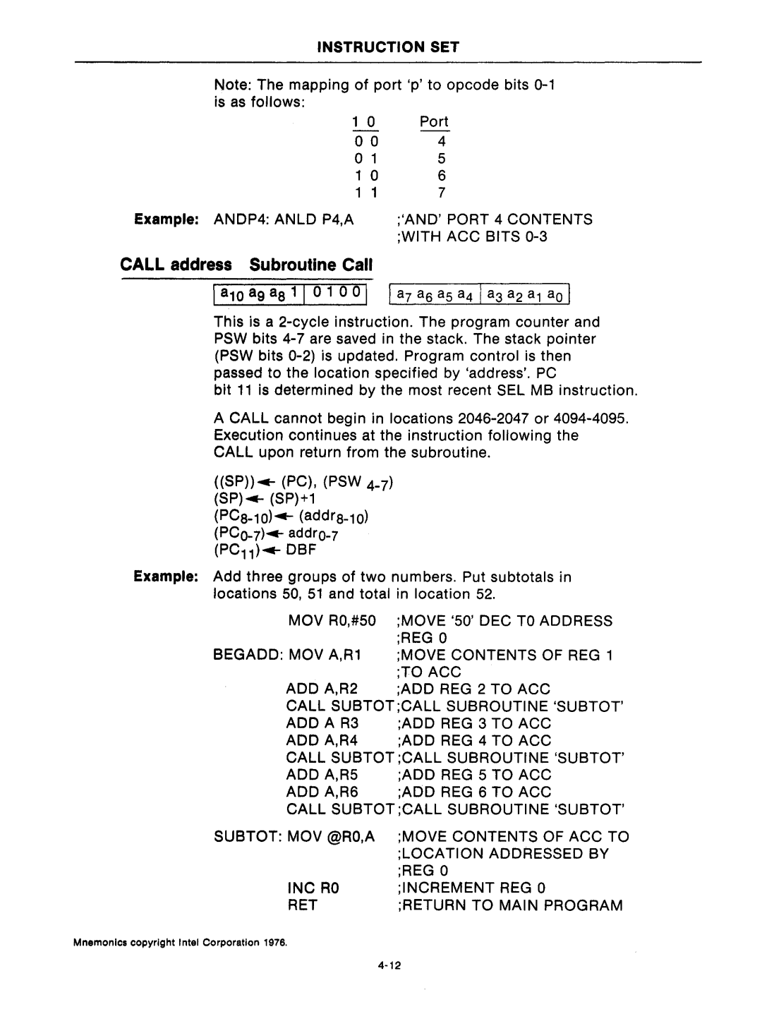 Intel mcs-48 manual Andport 4 Contents, With ACC Bits, MOV RO,#50 Move 50DEC to Address 