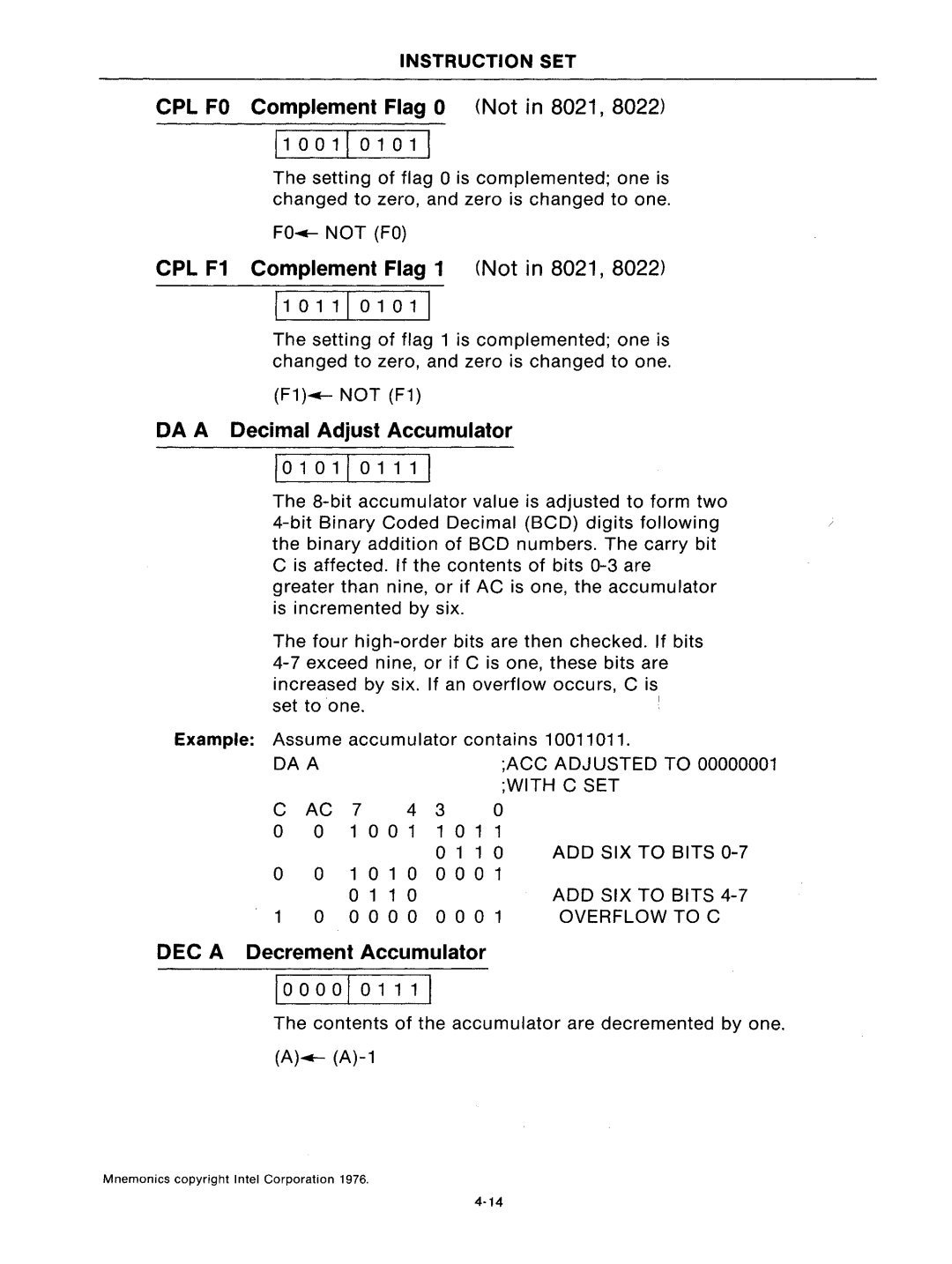 Intel mcs-48 manual DA Aacc Adjusted to 00000001 with C SET, AC 7 4 3 0 o 1 0 ADD SIX to Bits 010100001, Overflow to C 