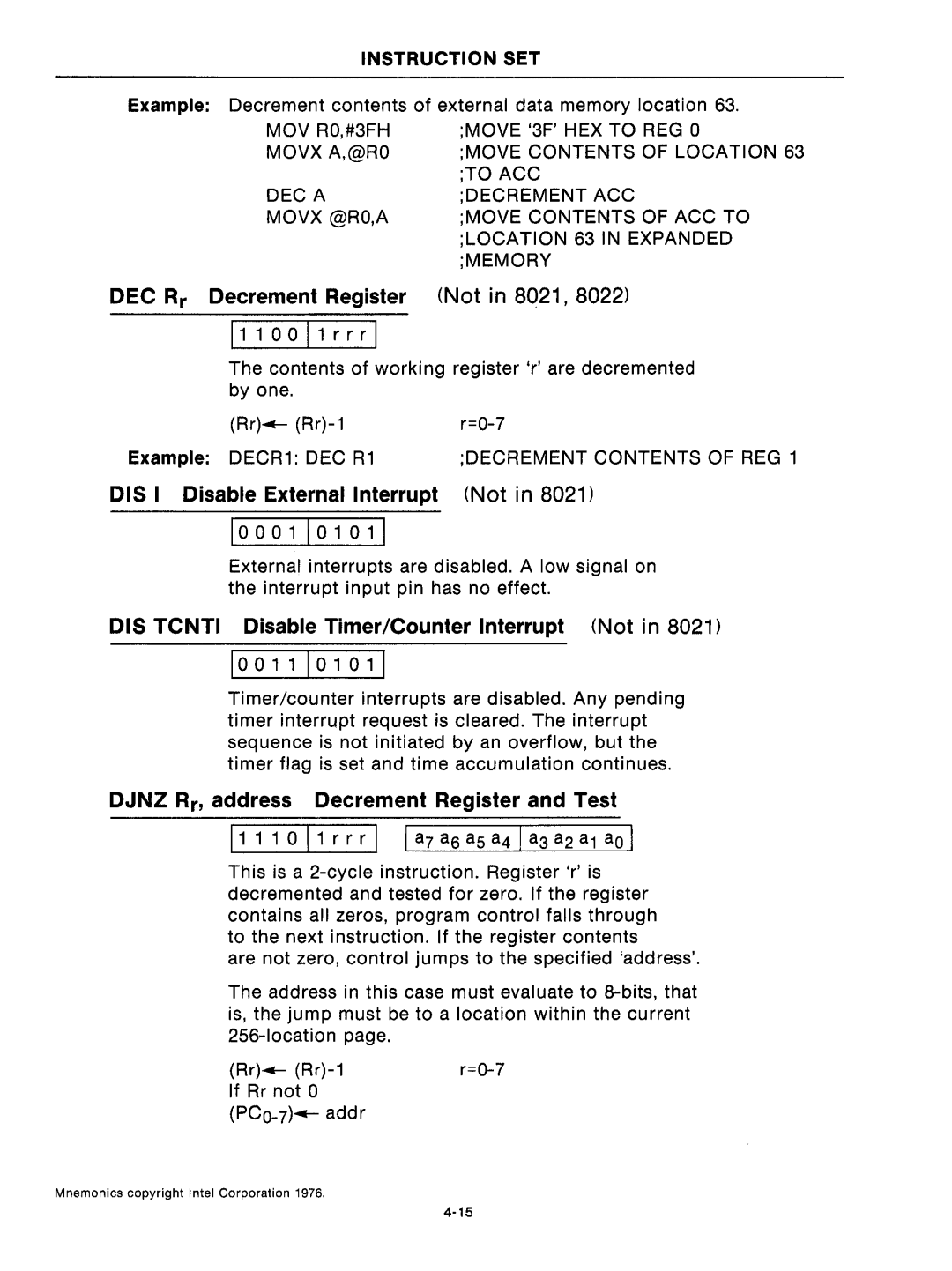 Intel mcs-48 manual DEC Rr Decrement Register Not in 8021, Example Decrement contents of external data memory location 