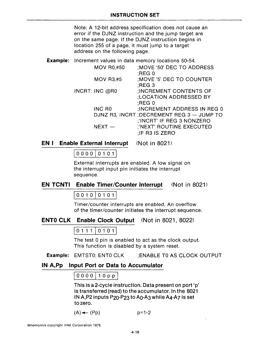 Intel mcs-48 manual EN I Enable External Interrupt, EN Tcnti Enable Timer/Counter Interrupt Not 