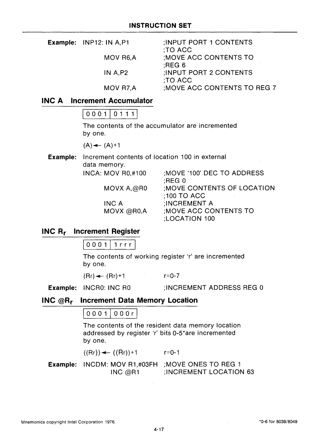 Intel mcs-48 manual INC a Increment Accumulator, INC Rr Increment Register, INC @R r Increment Data Memory Location 