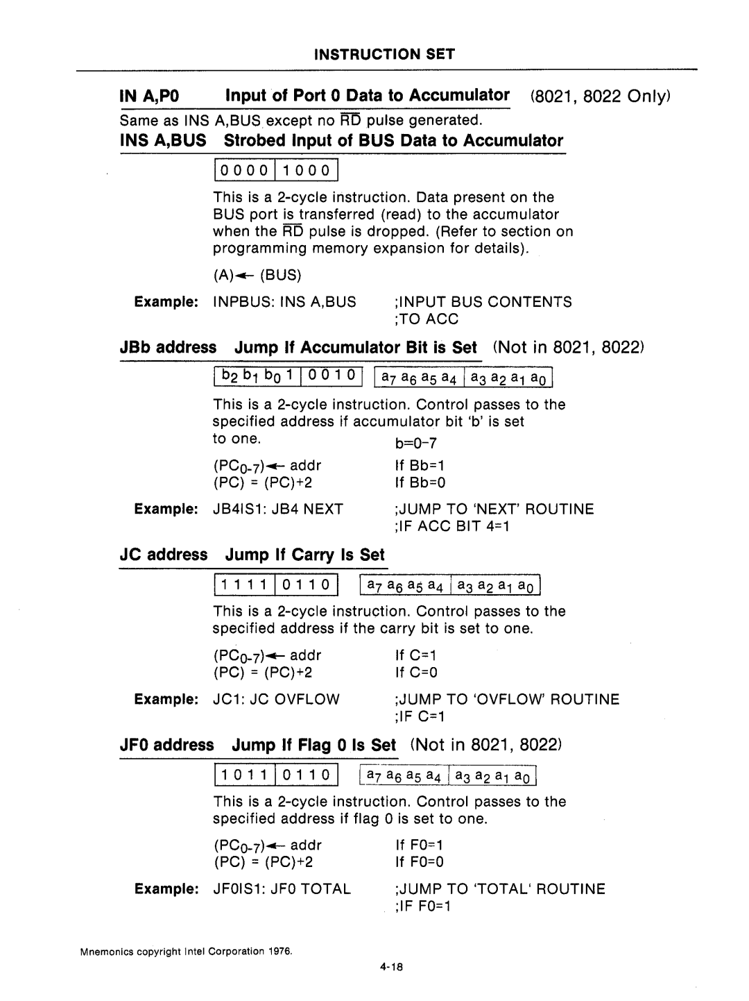 Intel mcs-48 manual IputoPort 0 Data to Accumulator 8021, 8022 Only, INS A,BUS Strobed Iput of BUS Data to Accumulator 