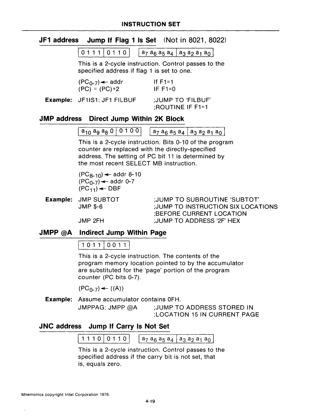 Intel mcs-48 manual JF1 address Jump If Flag 1 Is Set Not in 8021, JMP address Direct Jump Within 2K Block 