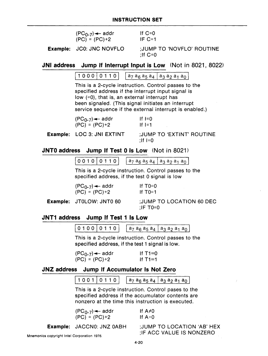 Intel mcs-48 manual JNI address Jump If Interrupt Input is Low Not in 8021, Jnto address Jump If Test 0 Is Low Not 