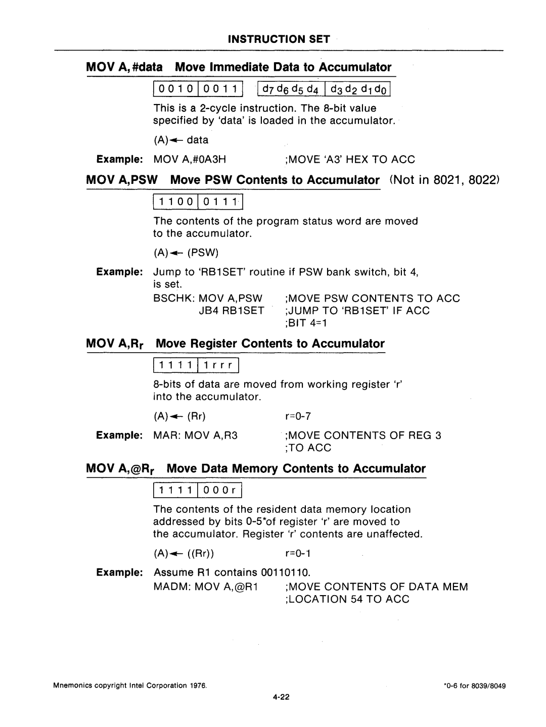 Intel mcs-48 manual Mev A, #data Move Immediate Data to Accumulator, MaV A,PSW Move PSW Contents to Accumulator Not in 8021 