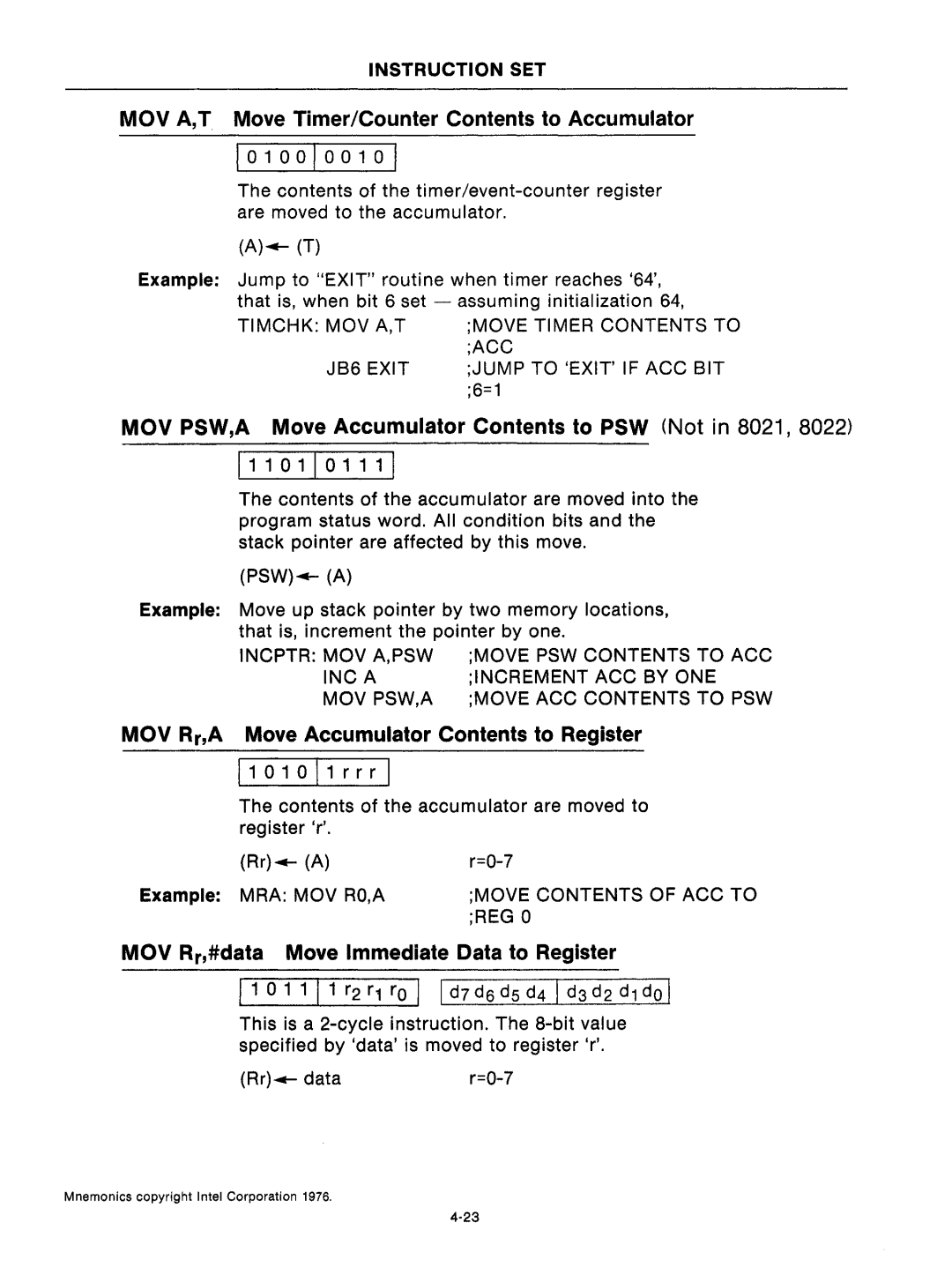 Intel mcs-48 manual Mev A,T Move Timer/Counter Contents to Accumulator 