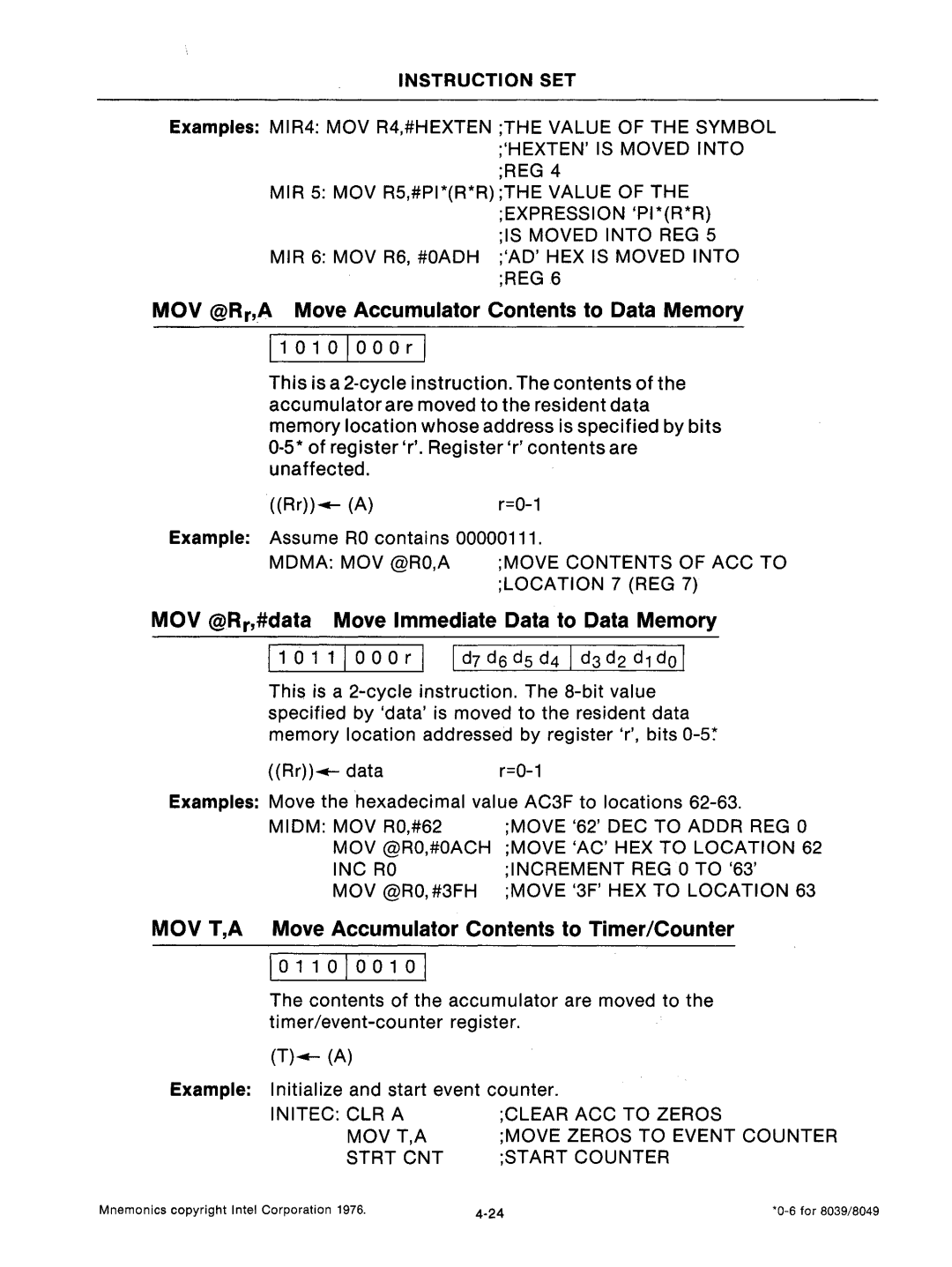 Intel mcs-48 manual MaV @Rr,A Move Accumulator Contents to Data Memory 