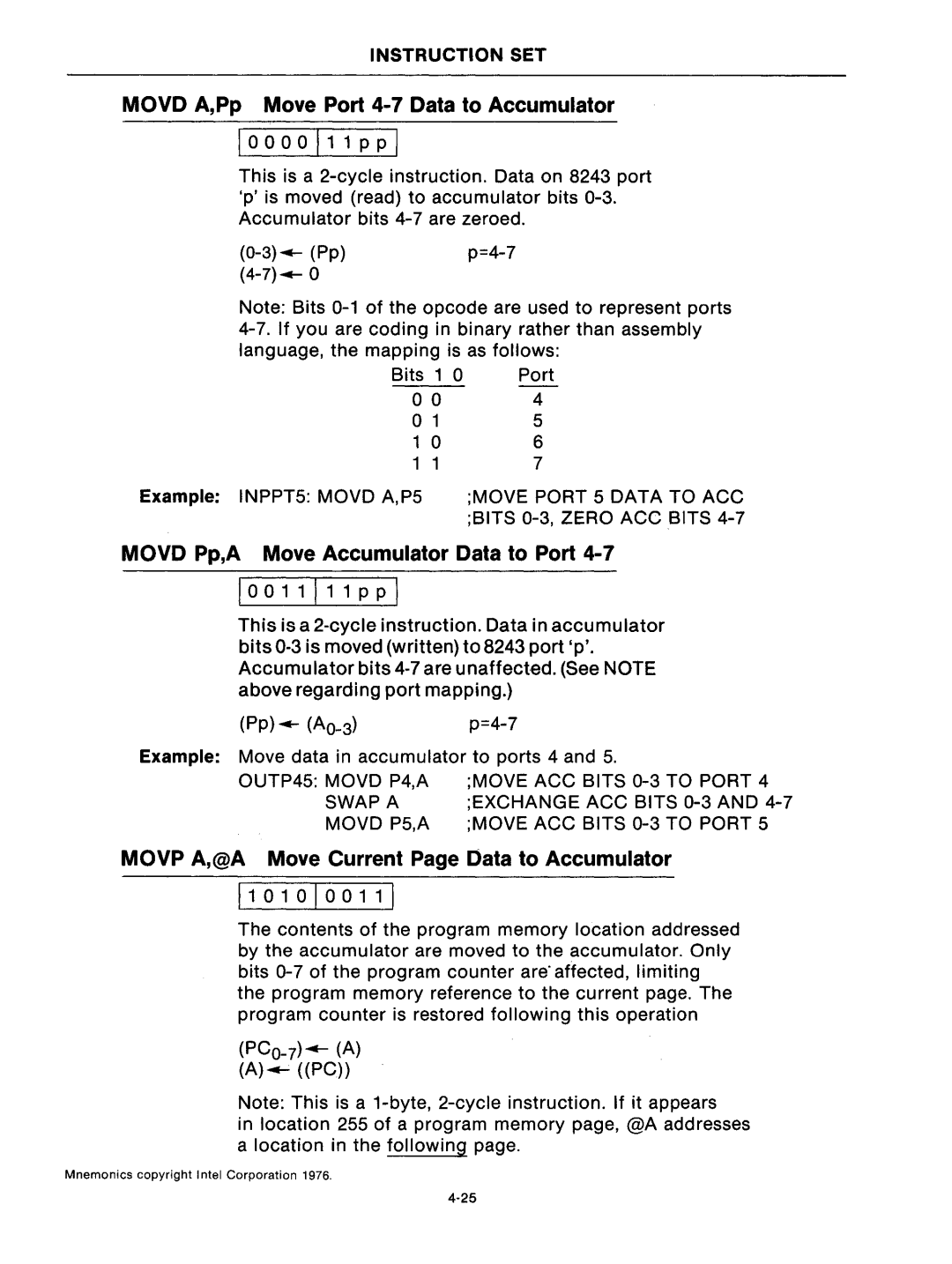 Intel mcs-48 manual Movo A,Pp Move Port 4-7 Data to Accumulator, Movo Pp,A Move Accumulator Data to Port 