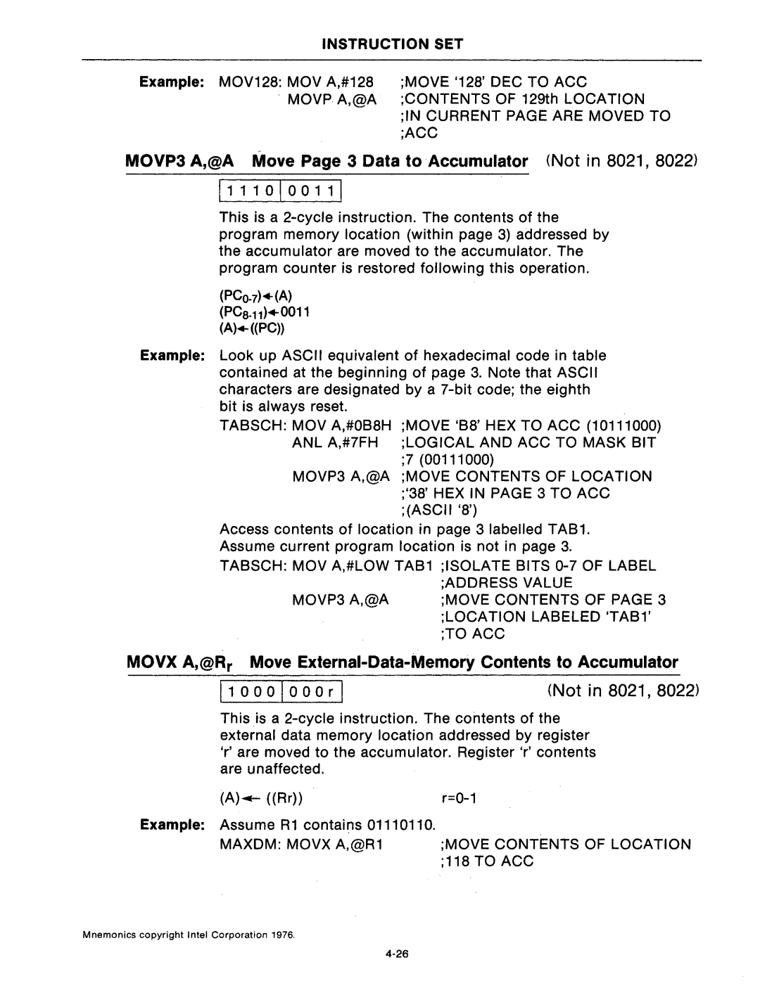 Intel mcs-48 manual MOVP3 A,@A Move Page 3 Data to Accumulator Not in 8021,8022, Current page are Moved to ACC 