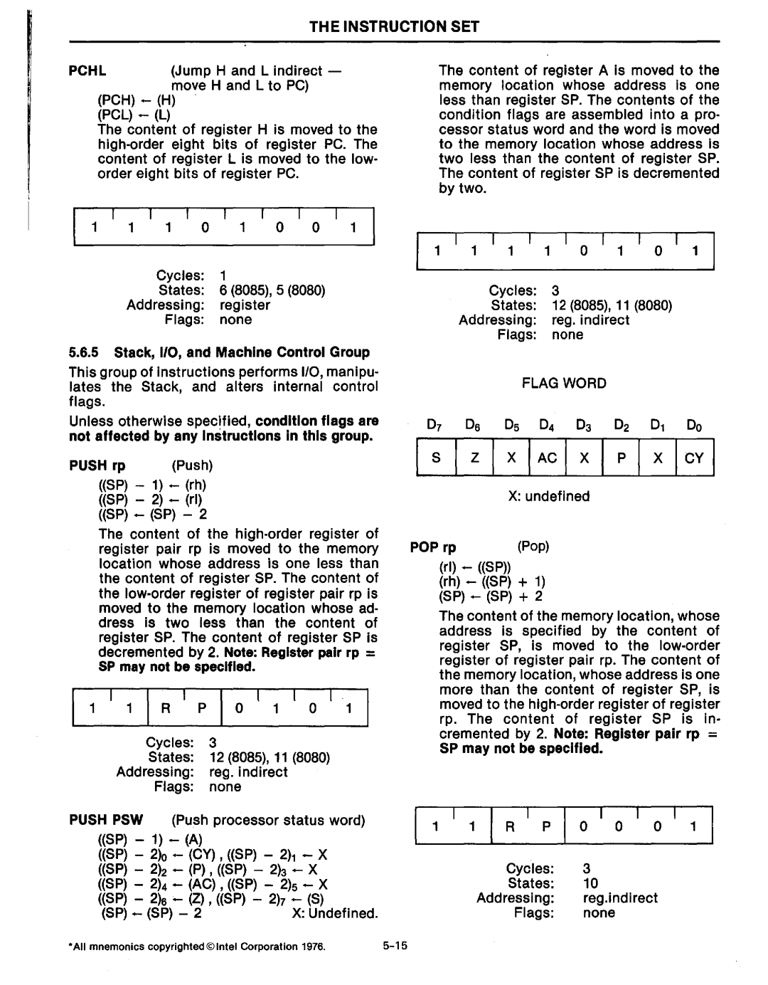 Intel MCS-80/85 manual Pchl, Flag Word, Pop 