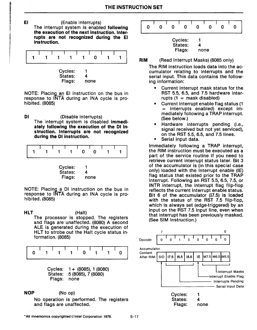 Intel MCS-80/85 manual Nop, Rim 