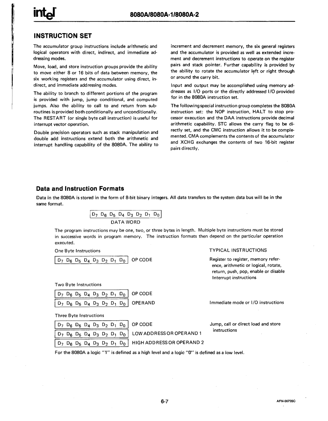 Intel MCS-80/85 manual Data and Instruction Formats 