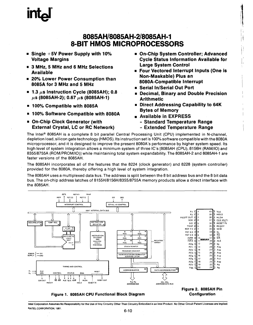 Intel MCS-80/85 manual 8085AH Pin, AH CPU Functional Block Diagram Configuration 