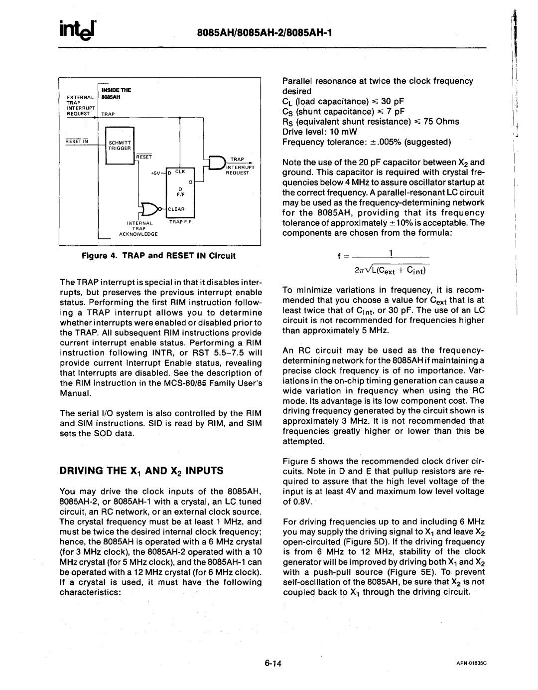 Intel MCS-80/85 manual Driving the X1 and X2 Inputs 