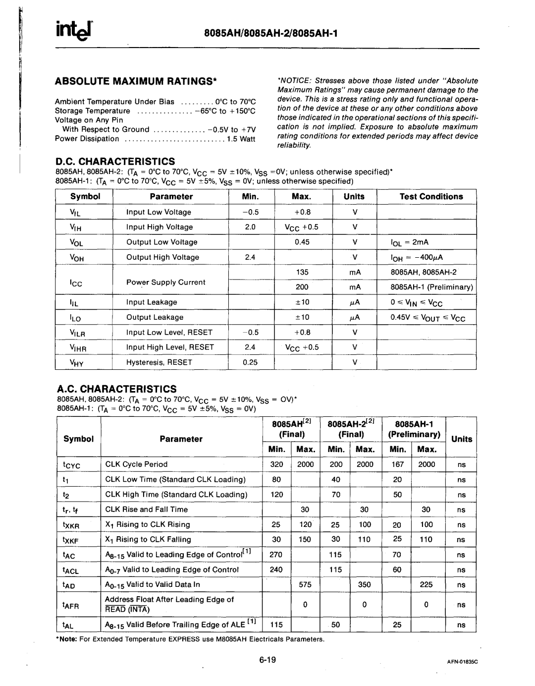 Intel MCS-80/85 manual SOS5AH/SOS5AH-2/S0S5AH-1 Absolute Maximum RATINGS· 