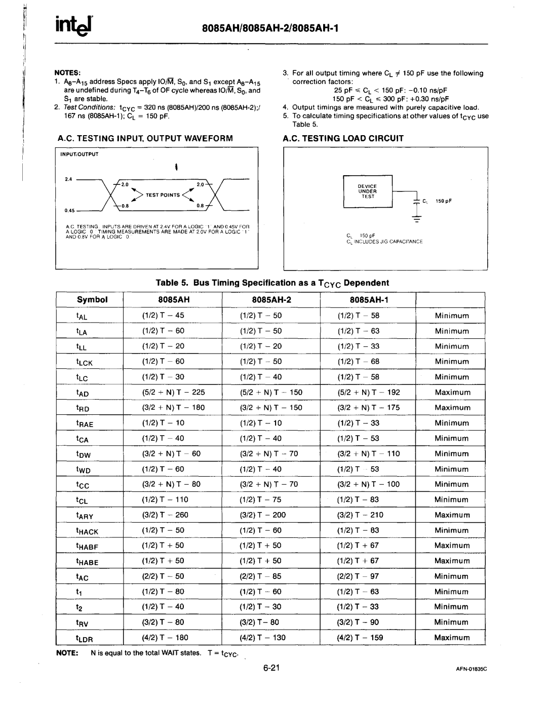 Intel MCS-80/85 manual Bus Timing Specification as a Teye Dependent Symbol, 8085AH 8085AH-2 8085AH-1 