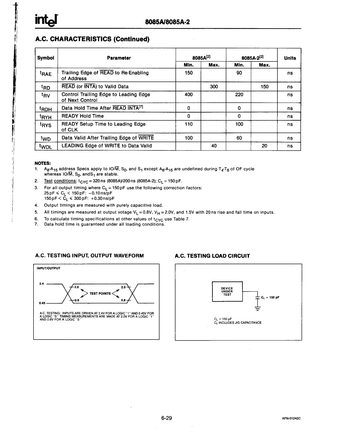 Intel MCS-80/85 Symbol Parameter 8085A2 8085A·22 Units Min Max, Trailing Edge of Read to Re·Enabling, Ready Hold Time 