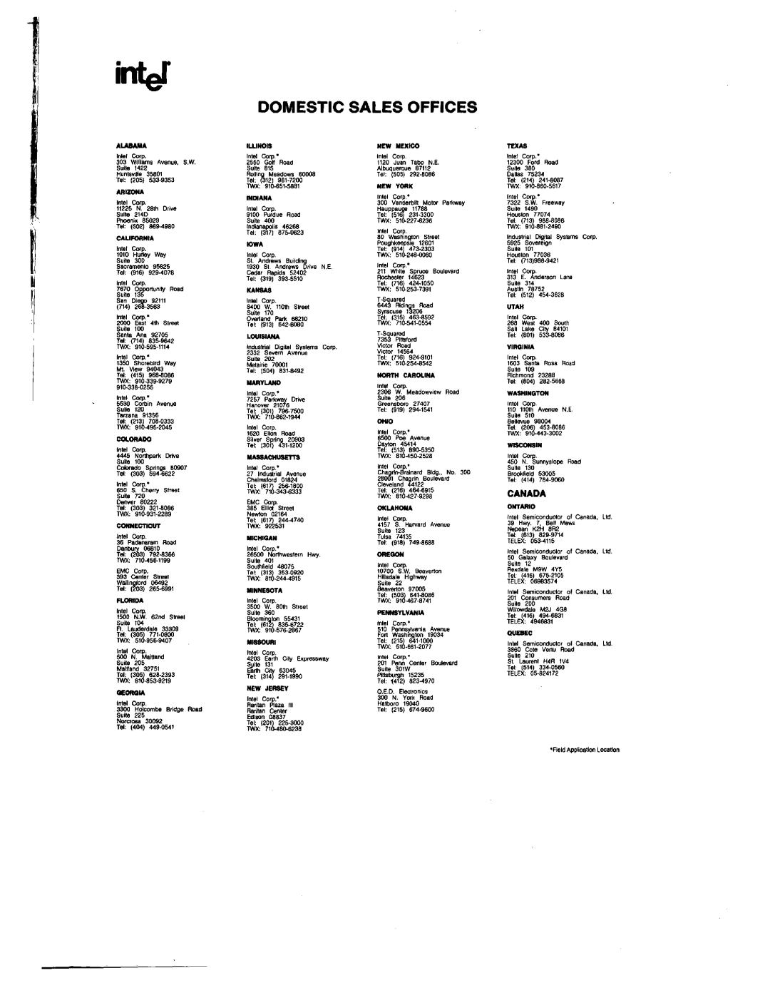 Intel MCS-80/85 manual Domestic Sales Offices 