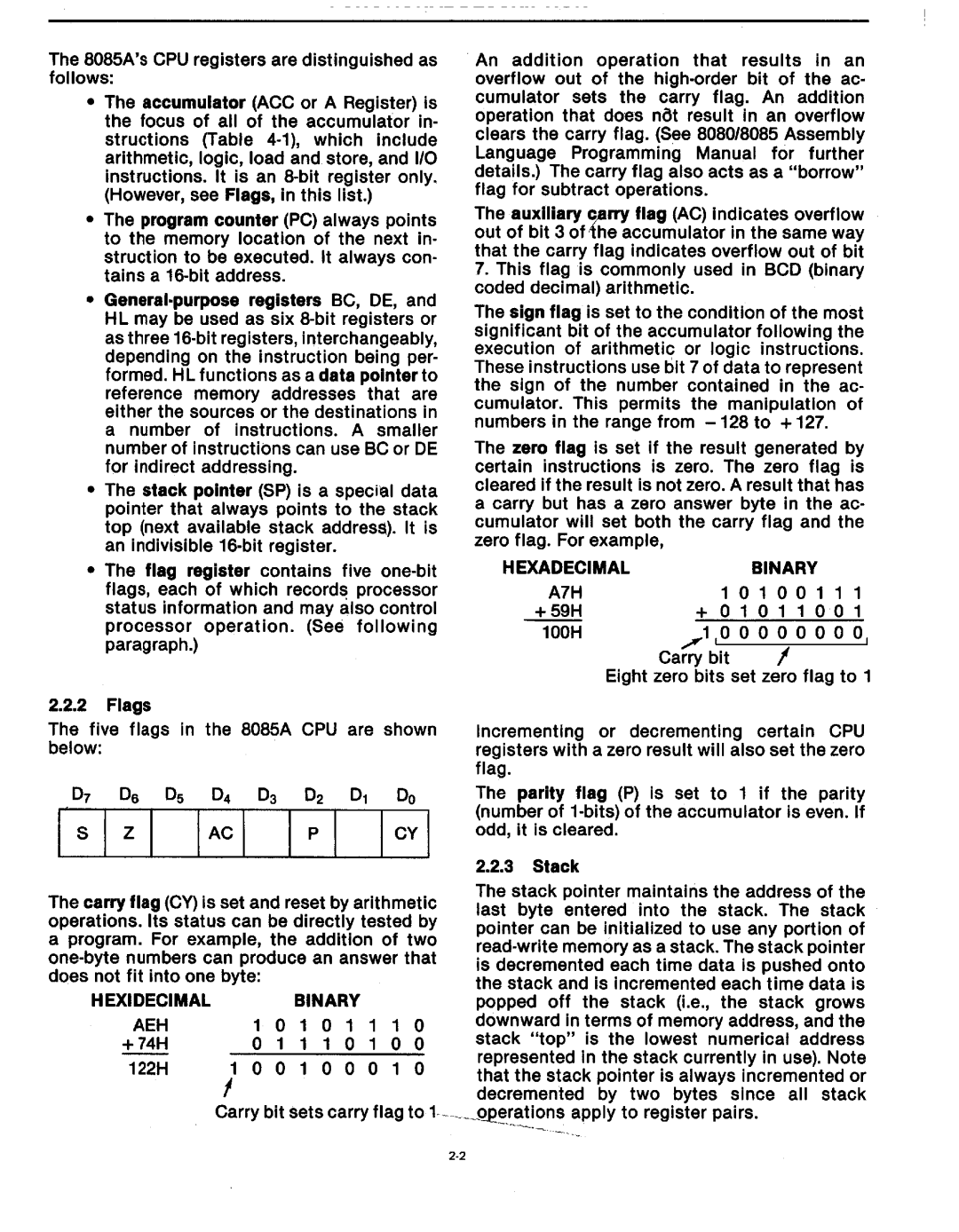 Intel MCS-80/85 manual Hexadecimalbinary A7H, Hexidecimal Binary AEH, 122H 